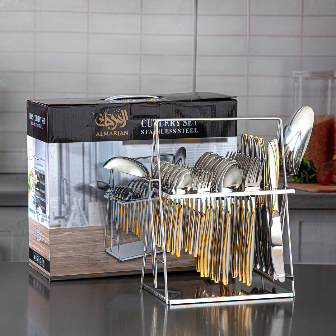 Almarjan 32 Pieces Stainless Steel Cutlery Set With Holder Silver & Gold - CUT0010240