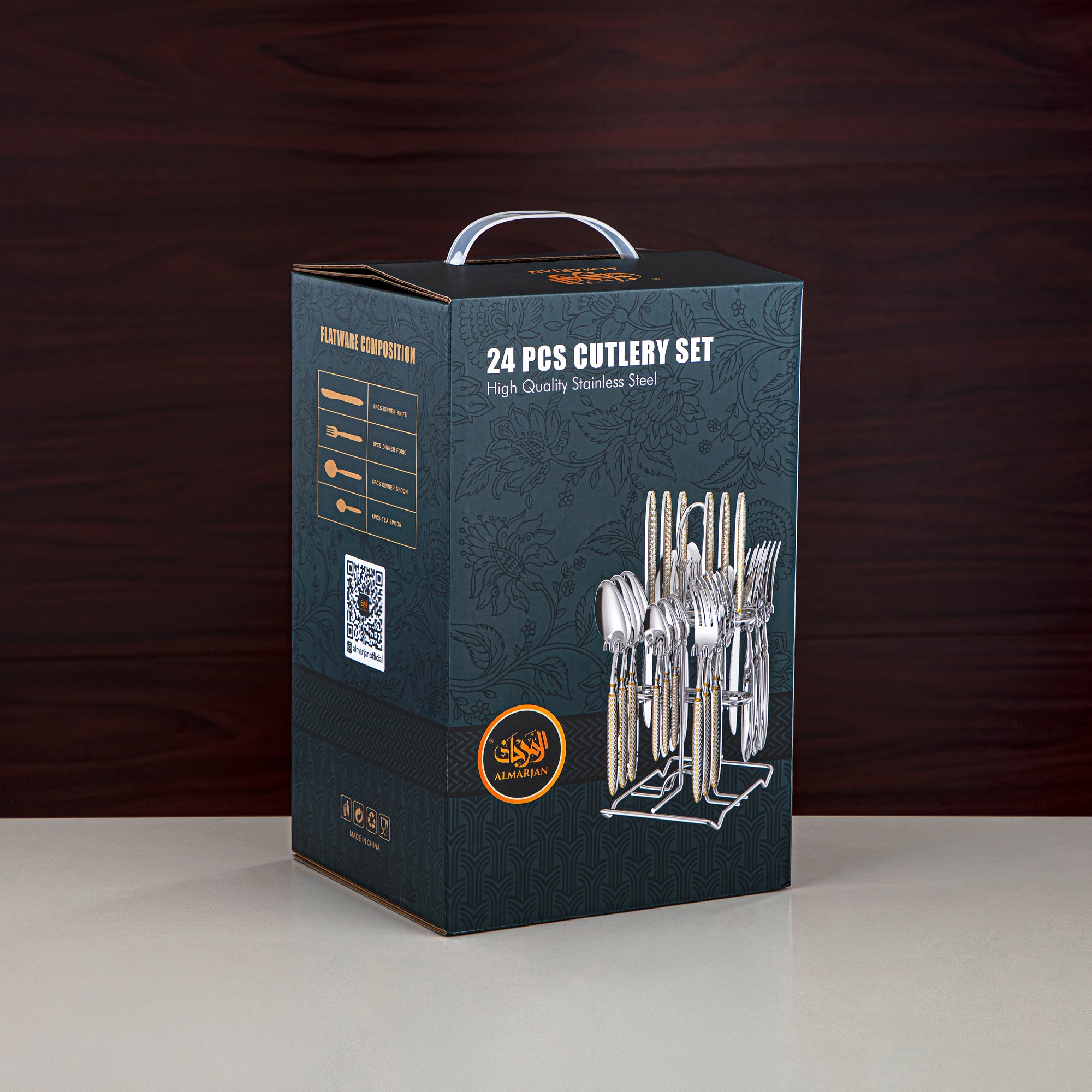 Almarjan Cutlery Set 24 Pieces, Stainless Steel, With Stand, Silver & Gold (CUT0010439) Elegant Cutlery Set