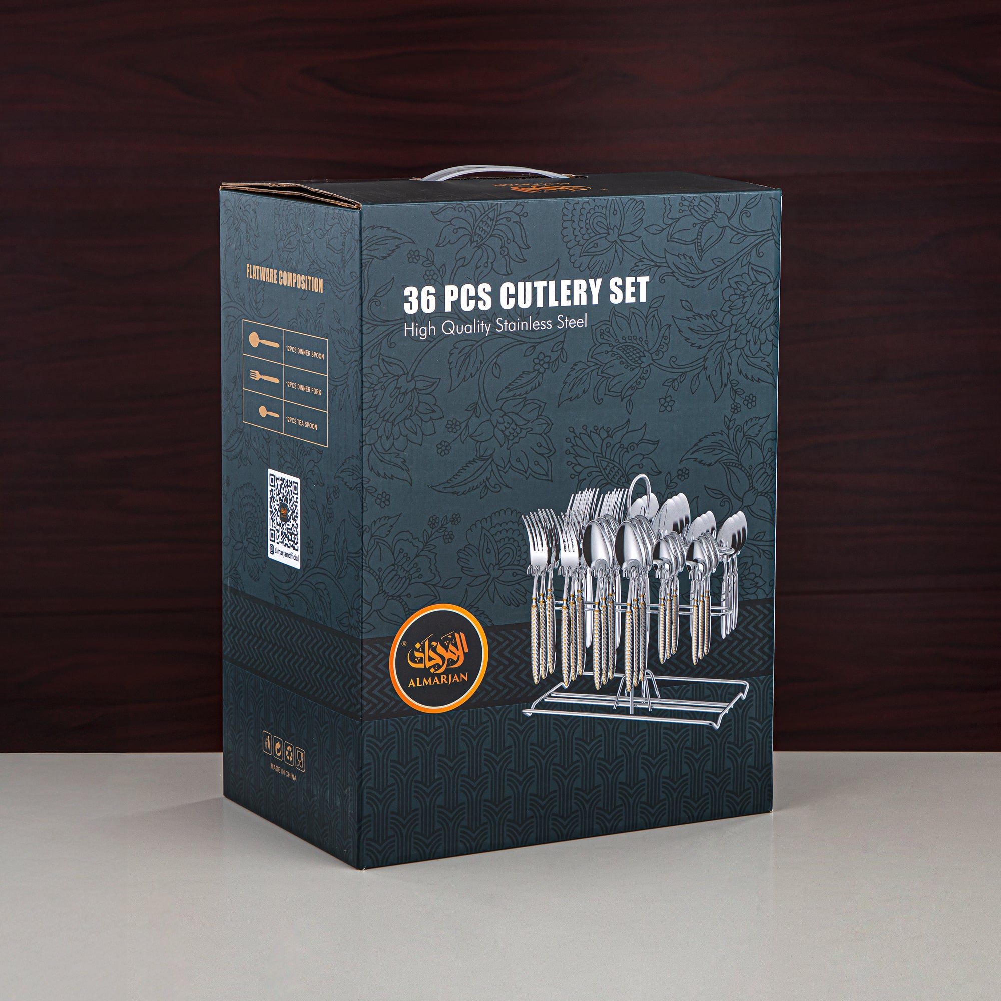 Almarjan Cutlery Set 36 Pieces, Stainless Steel, With Stand, Silver & Gold (CUT0010442) Elegant Cutlery Set
