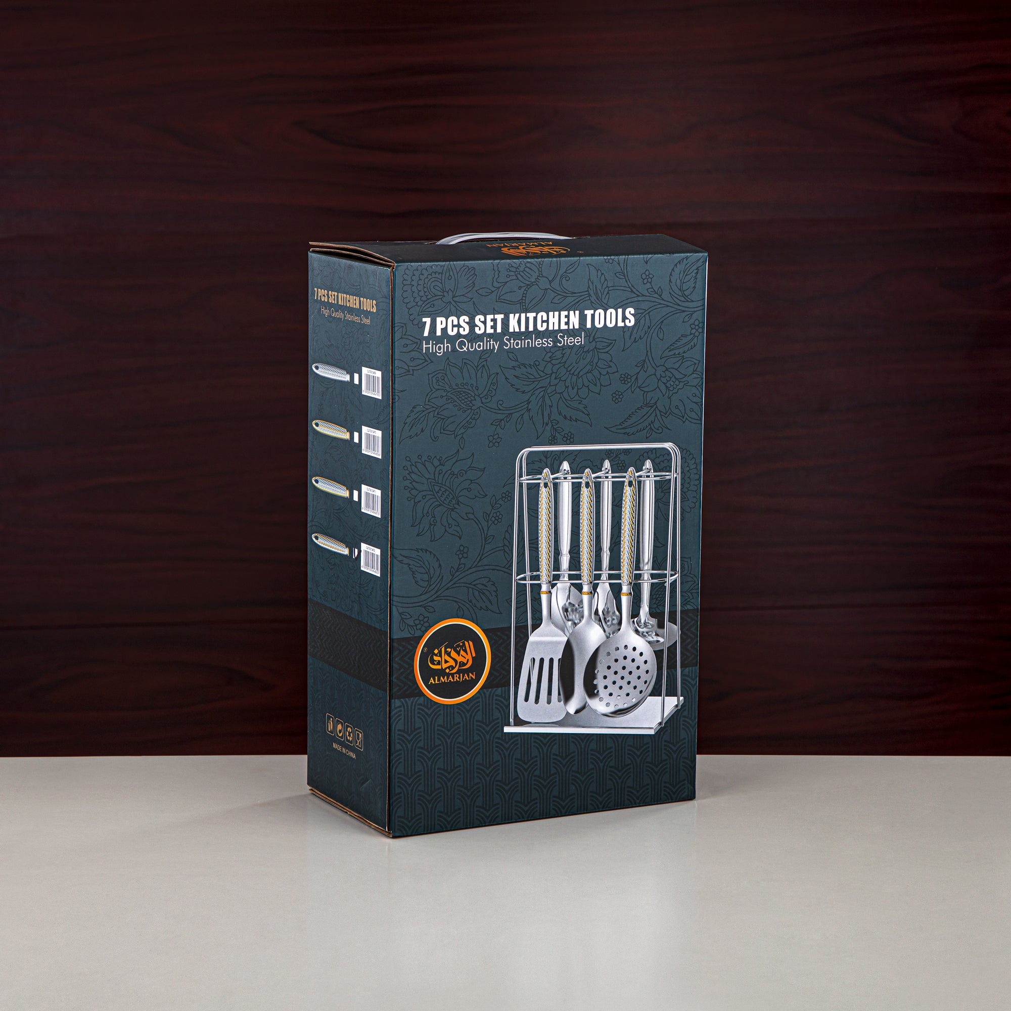 Almarjan Kitchen Tool Set 7 Pieces, Stainless Steel, With Stand, Silver & Gold (CUT0010470) Elegant Flatware