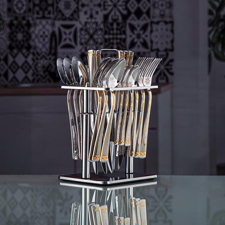 Almarjan 24 Pieces Stainless Steel Cutlery Set With Holder Silver & Gold - DA004GLE013/24