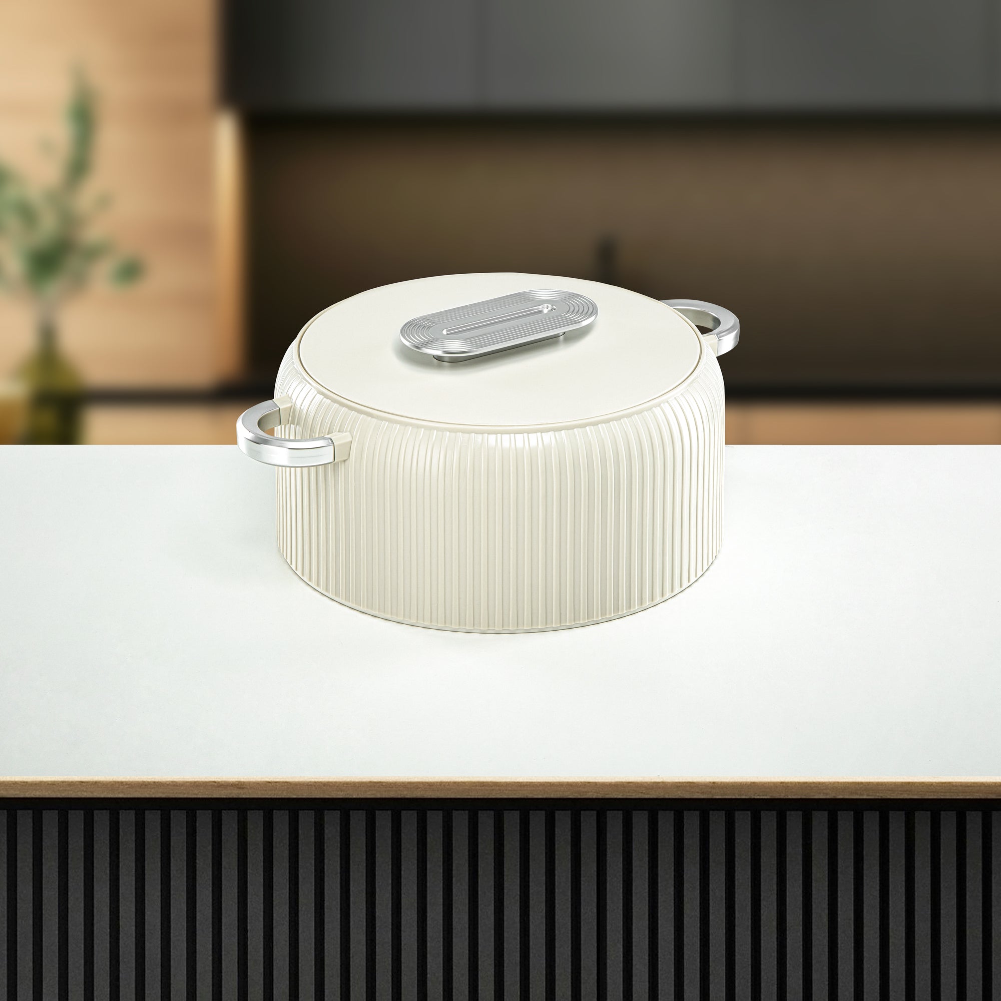 Almarjan Hot Pot Plastic, Set of 3 Pieces, Ivory & Silver, 2000ML + 4000ML + 6500ML (EK-200/400/650 MIV/MC) Ramadan Serveware