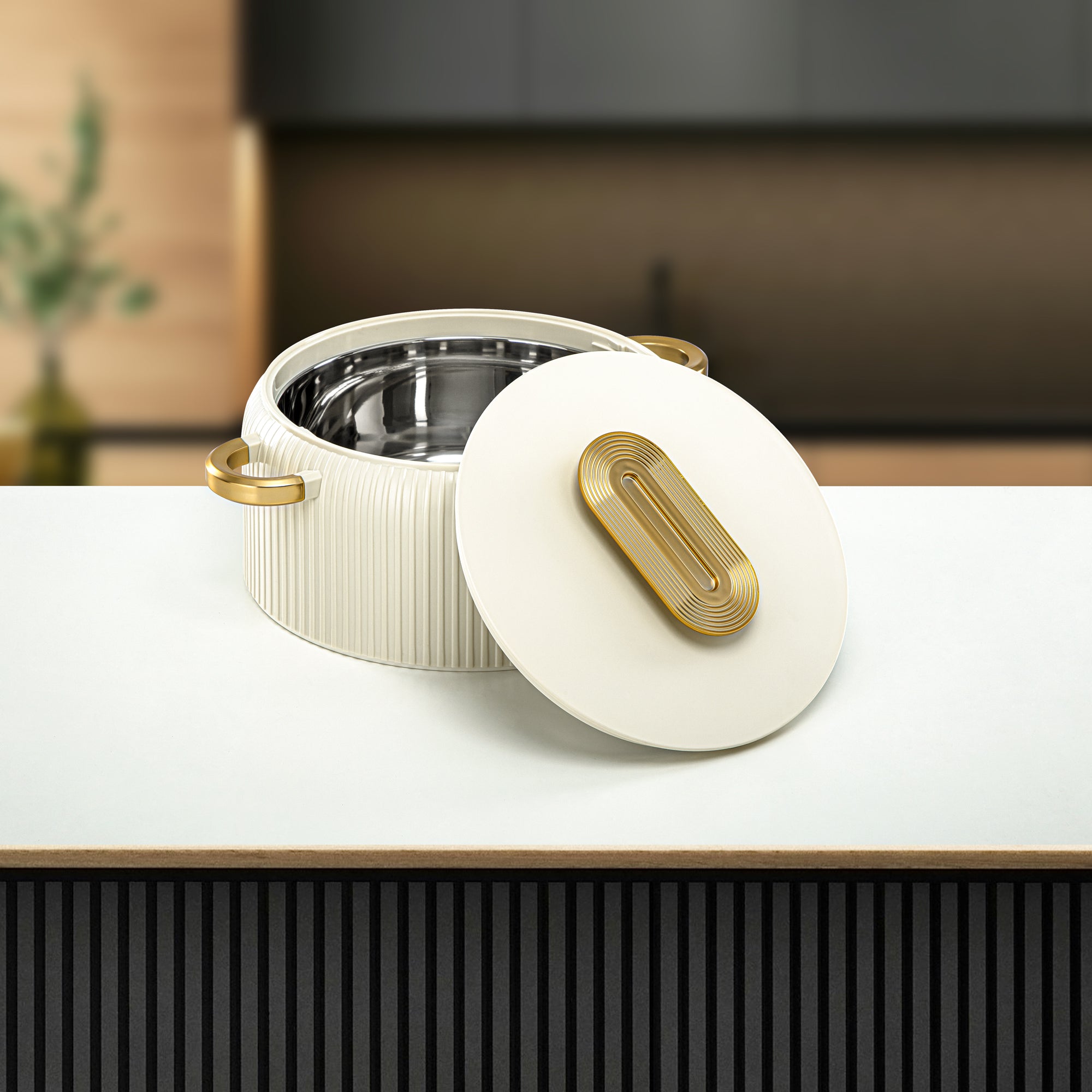 Almarjan Hot Pot Plastic, Set of 3 Pieces, Ivory & Gold, 2000ML + 4000ML + 6500ML (EK-200/400/650 MIV/MG) Ramadan Serveware