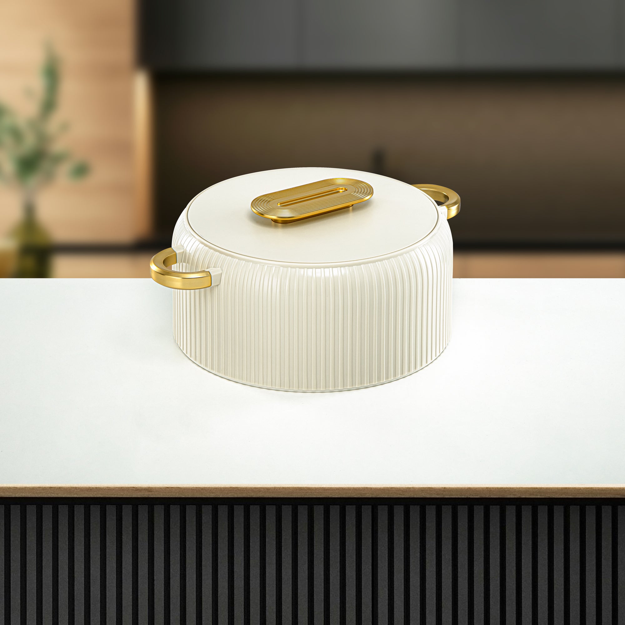 Almarjan Hot Pot Plastic, Set of 3 Pieces, Ivory & Gold, 2000ML + 4000ML + 6500ML (EK-200/400/650 MIV/MG) Ramadan Serveware