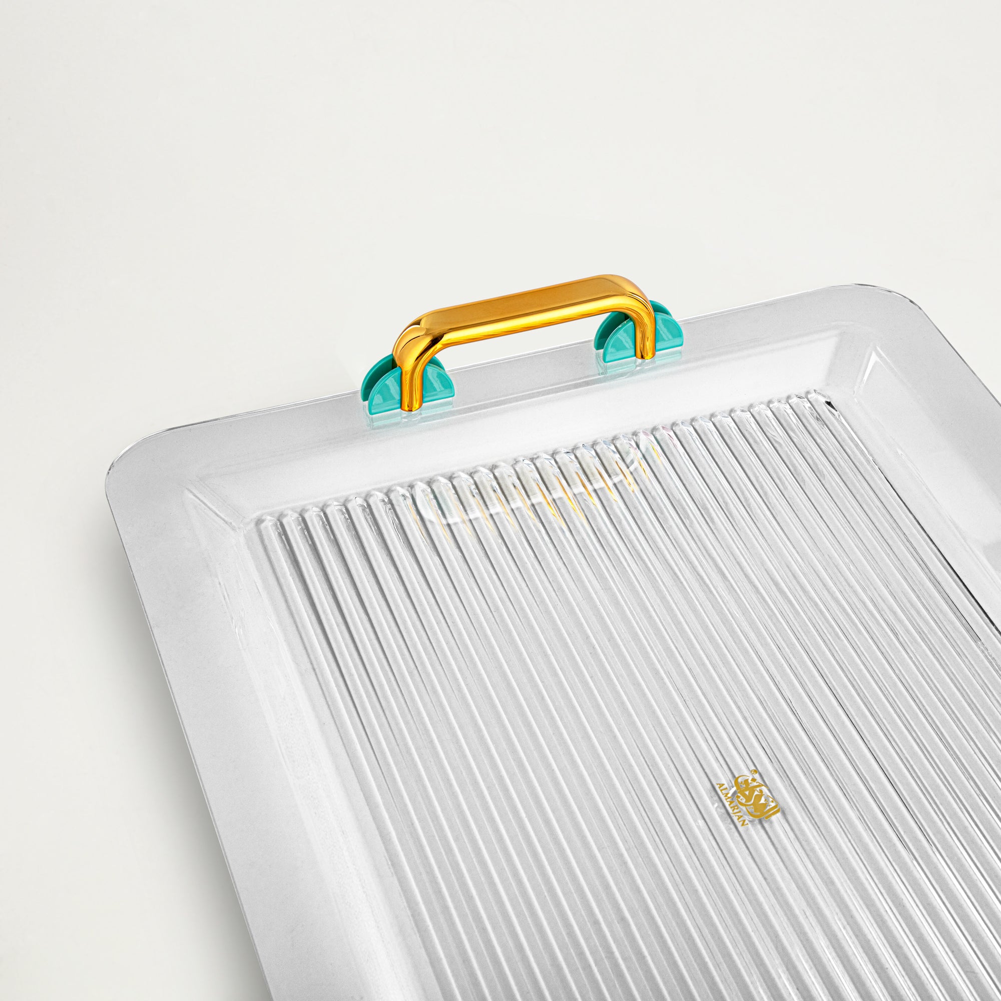 صينية تقديم المرجان مقاس 55 سم، أكريليك، ذهبي، مقبض أخضر تيفاني (FB06-550 TF/G) أواني تقديم رمضان