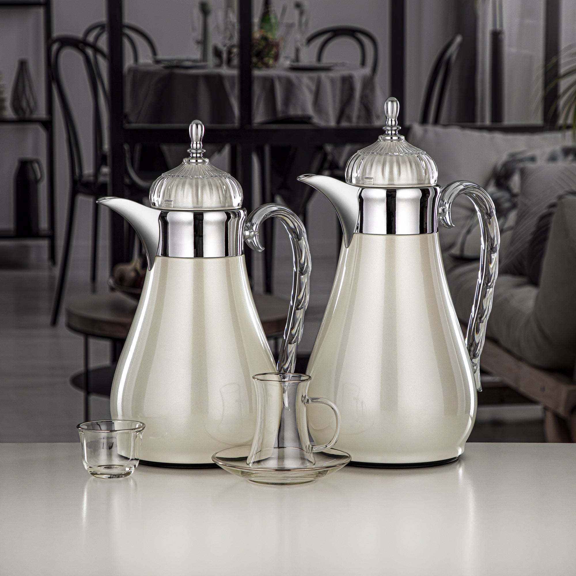 Almarjan Vacuum Flask Set 21 Pieces, Push Button, 0.7L + 1L, Pearl White, Silver & Transparent (FG810-21 PW/C) - Elegant Vacuum Flask Sets