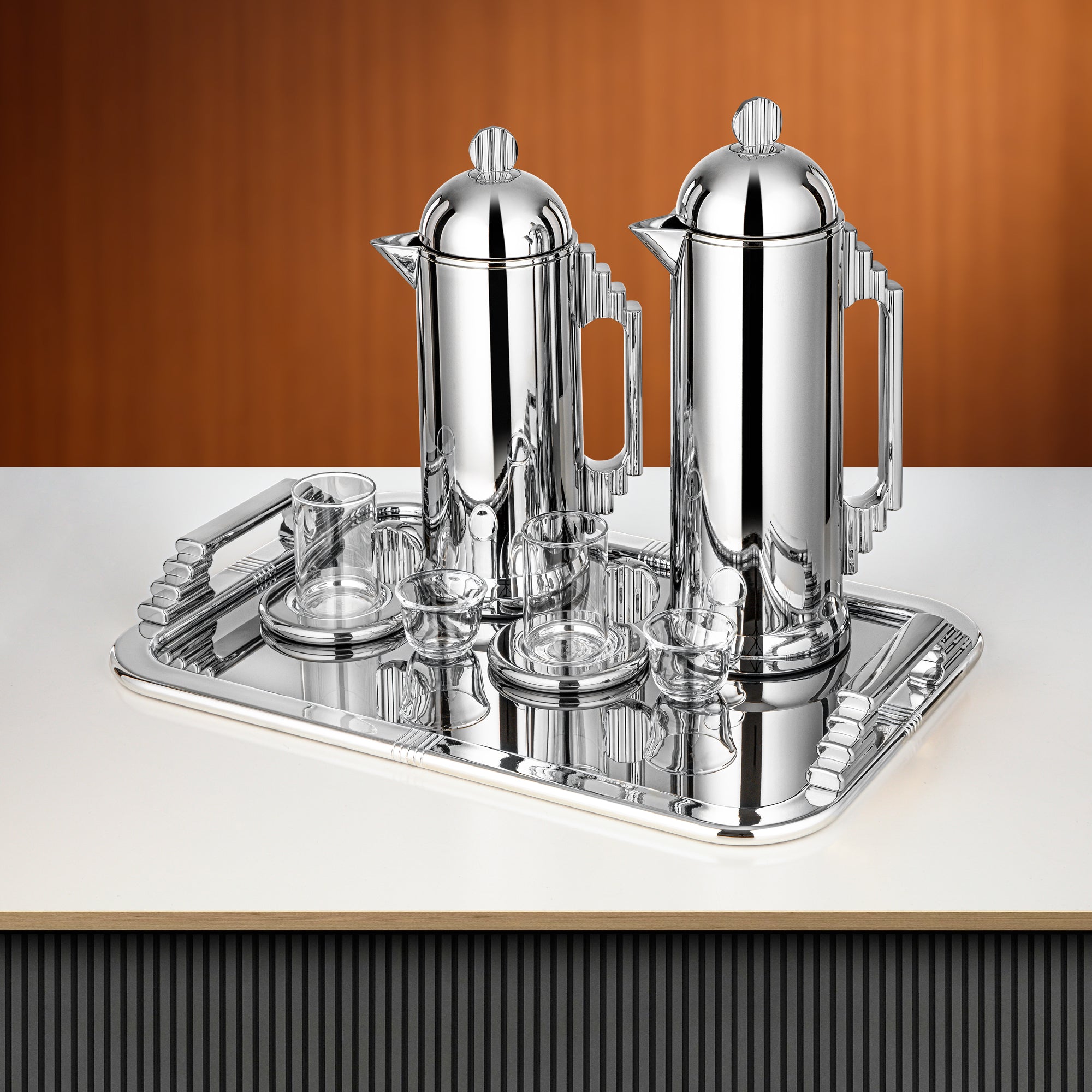 طقم تقديم شاي وقهوة المرجان ٢١ قطعة بتشطيب فضي لامع، ترمس ٠.٧ لتر و١ لتر، أكواب زجاج بوروسيليكات، صينية ستانلس ستيل، FBB820-21 ALLC