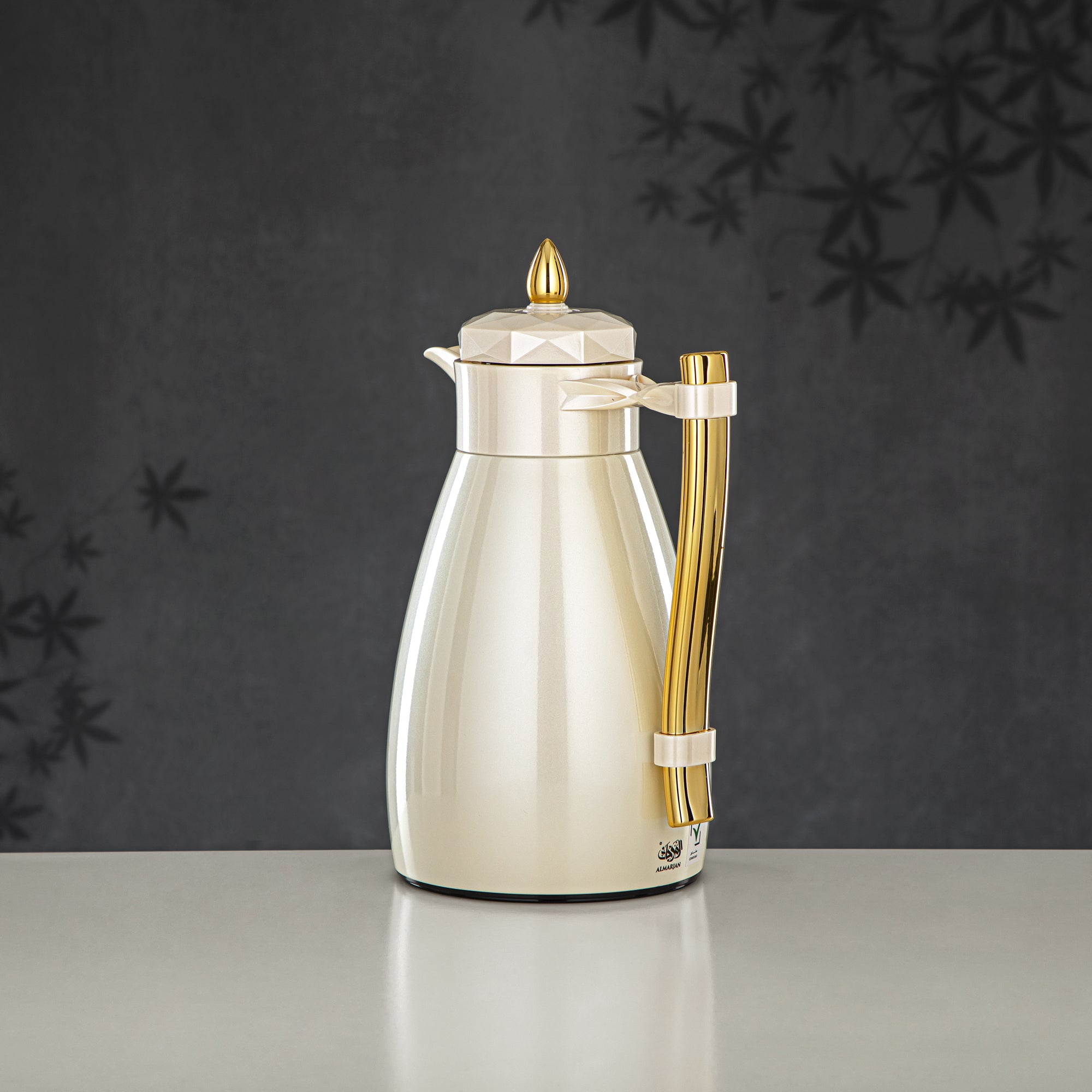 Almarjan Vacuum Flask Set, Push Button - 1L + 1L, Pearl White & Gold (FG806AB-100 PW/G) - Tea & Coffee Tradition