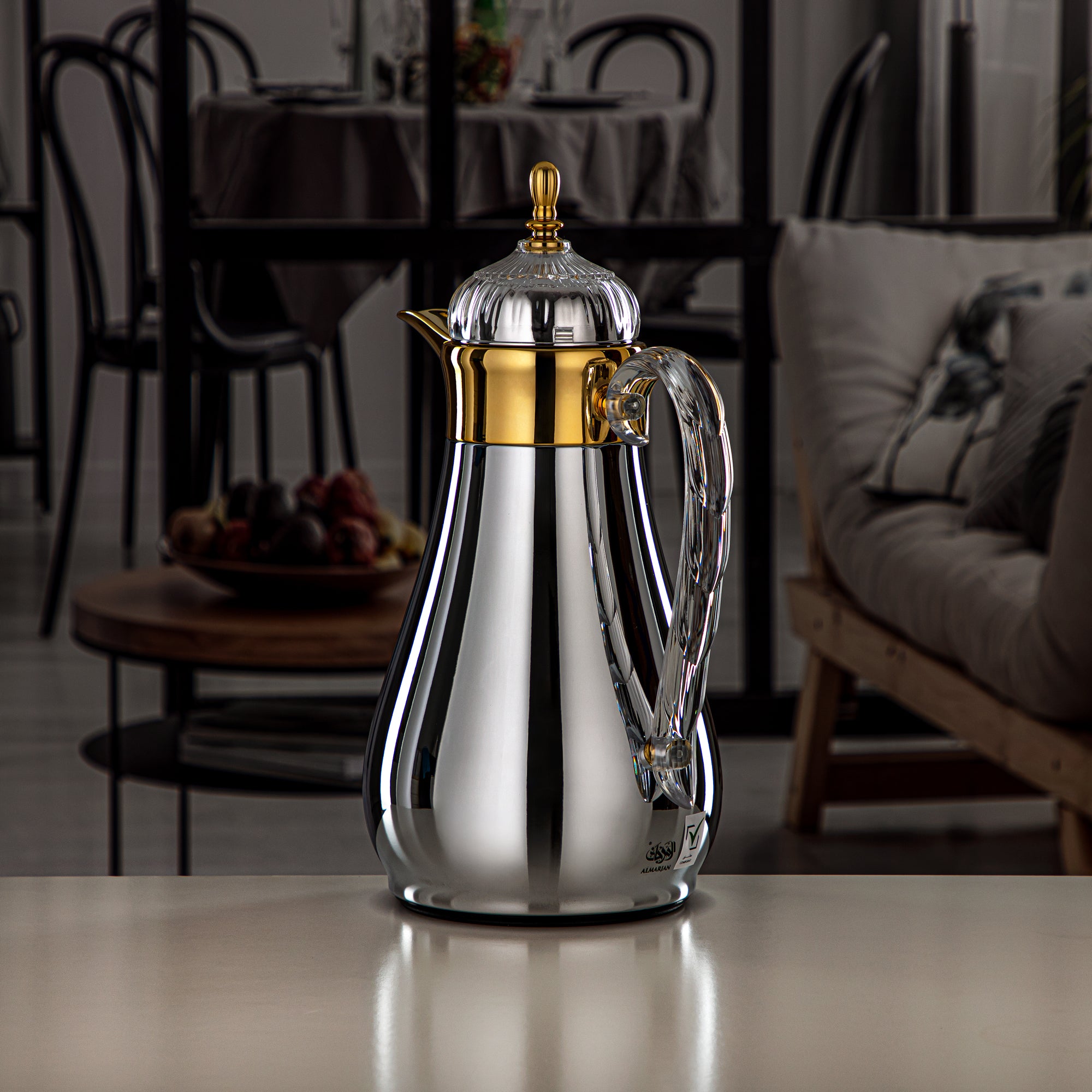 Almarjan Vacuum Flask Set, Push Button, 0.7L + 1L, Silver, Gold & Transparent (FG810-070/100 C/G) - Elegant Vacuum Flask Sets