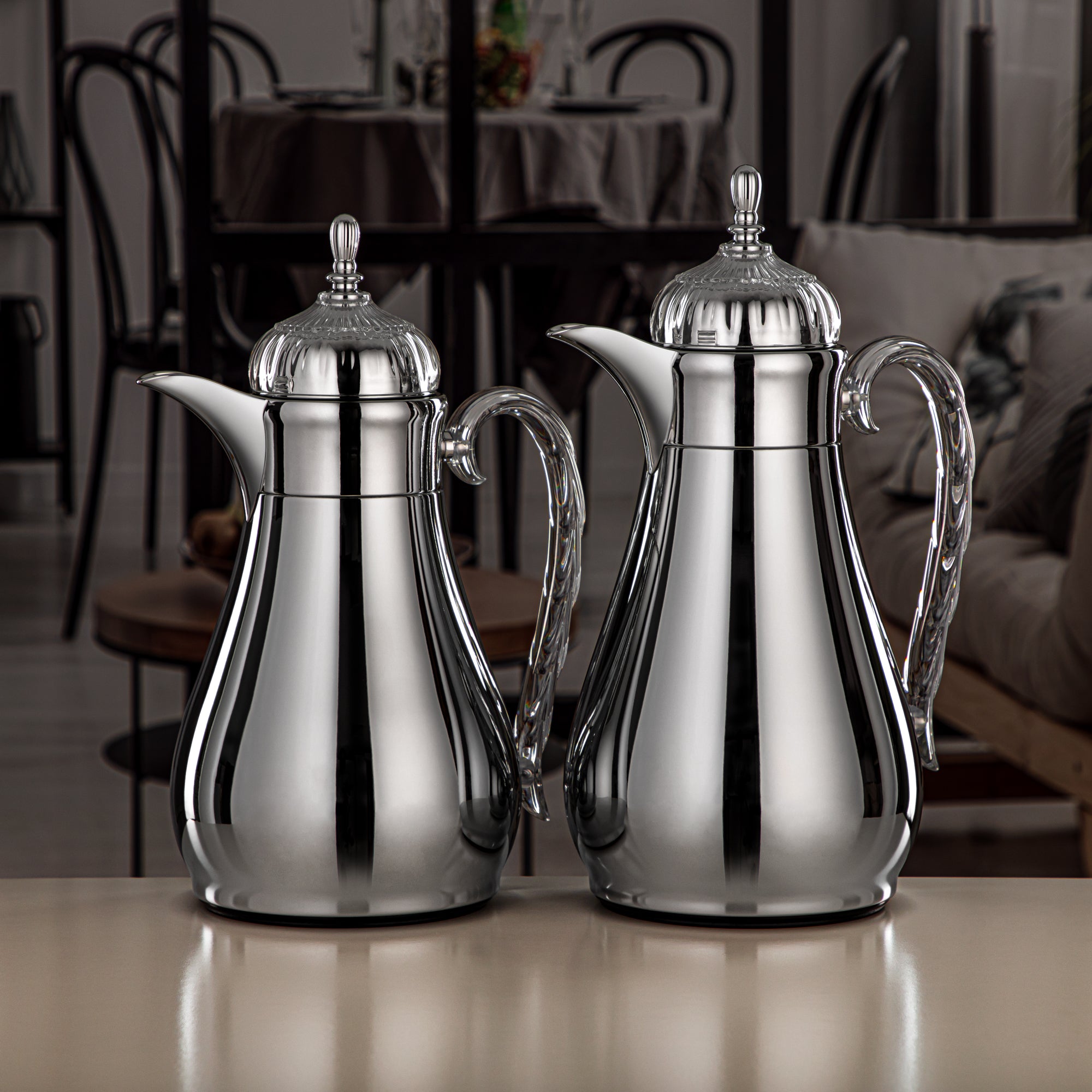 Almarjan Vacuum Flask Set, Push Button, 0.7L + 1L, Silver & Transparen
