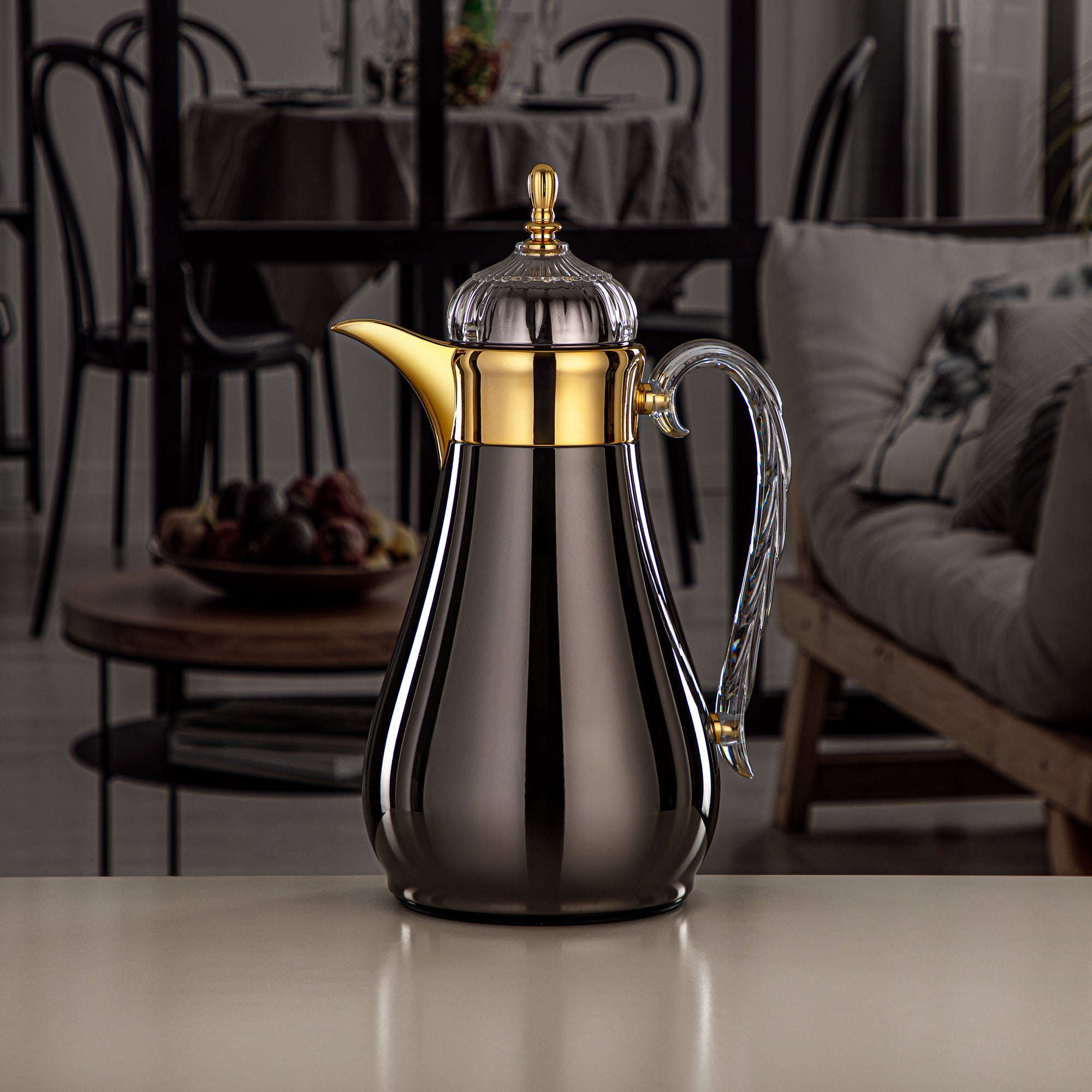 ألمرجان طقم ترامس، زر ضغط، 0.7 لتر + 1 لتر، أسود مسدس، ذهبي وشفاف (FG810-070/100 GB/G) - طقم ترمس أنيق