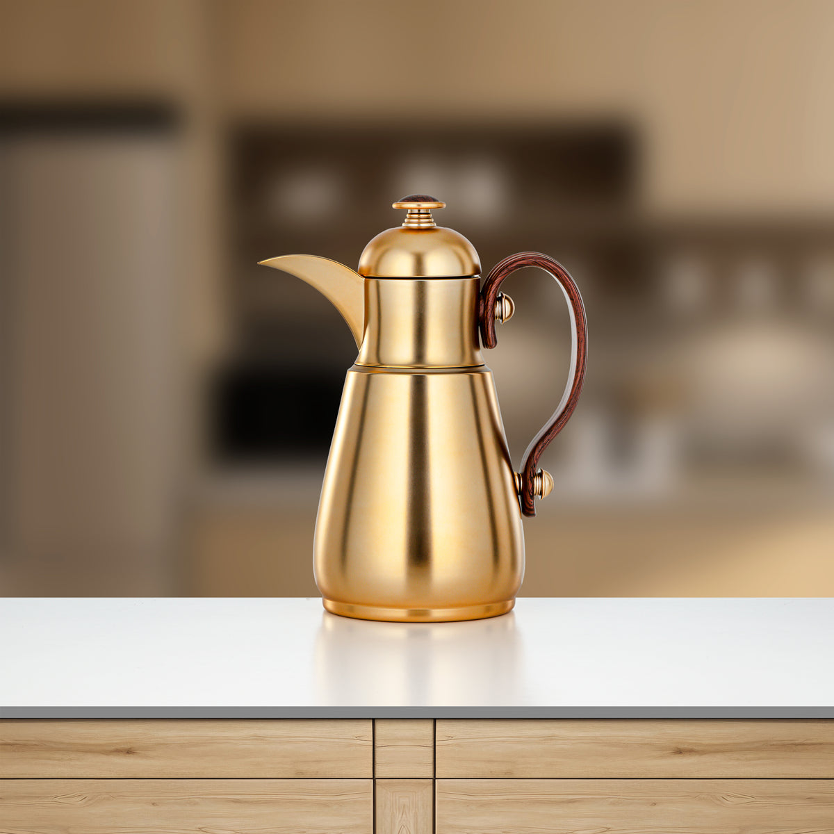 Almarjan Double Wall Vacuum Flask 0.7 Lit, Matt Gold & Dark Wood