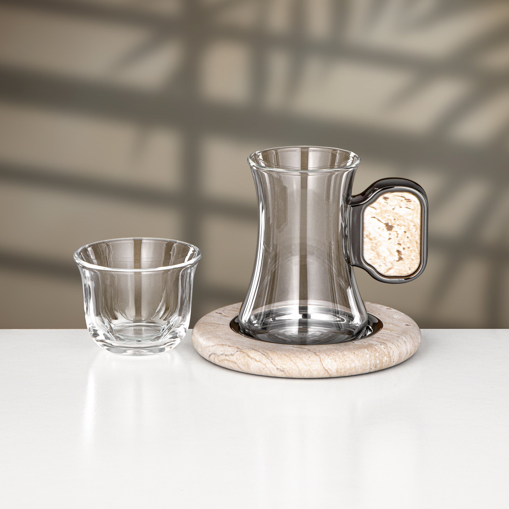 Almarjan 18 Pieces Tea & Cawa Cup Set, Gun Black & Travertine Marble