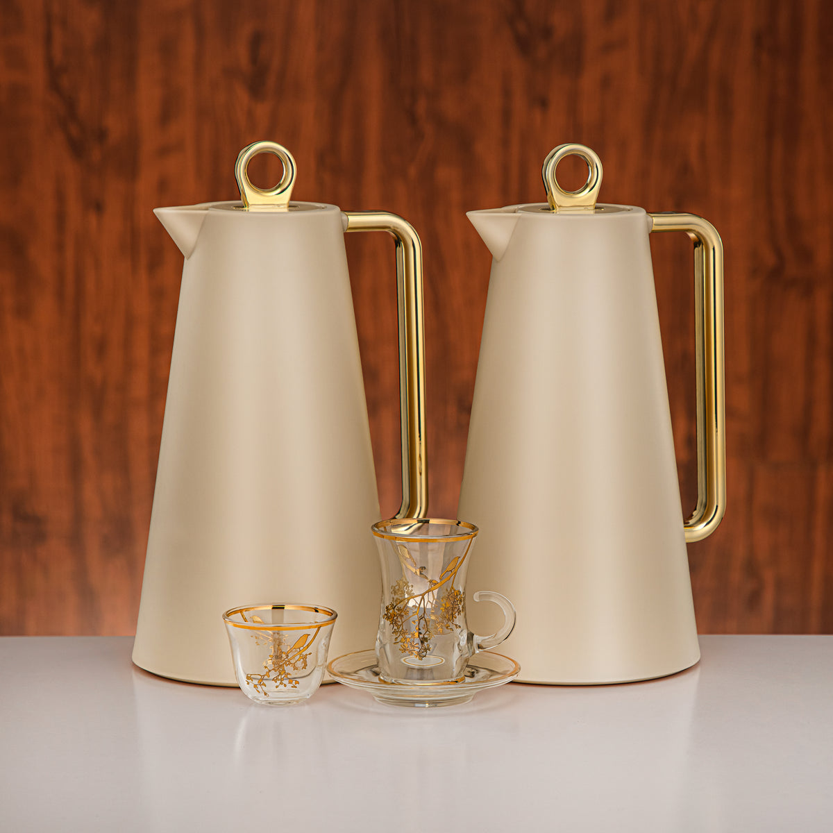 Almarjan Beige & Gold Tea Set 20-Piece – Vacuum Flask with Glass Tea ...
