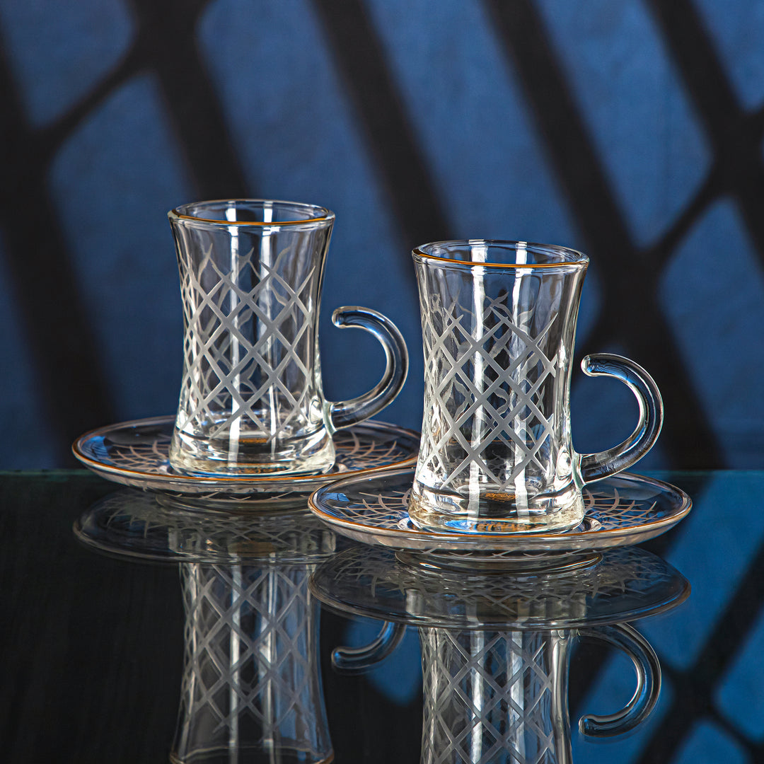 Almarjan 6 Pieces Diamond Collection Glass Tea Cup With Golden Rim - GLS2630017