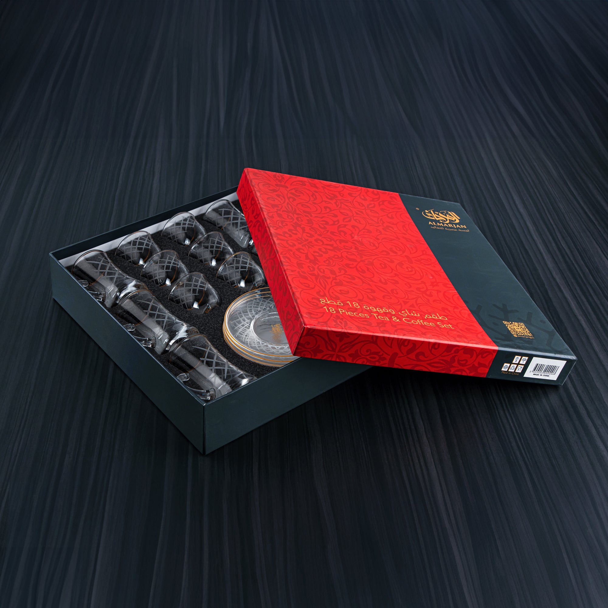 المرجان طقم شاي وقهوة زجاجي 18 قطعة من مجموعة الماس مع حافة ذهبية - GLS2630018