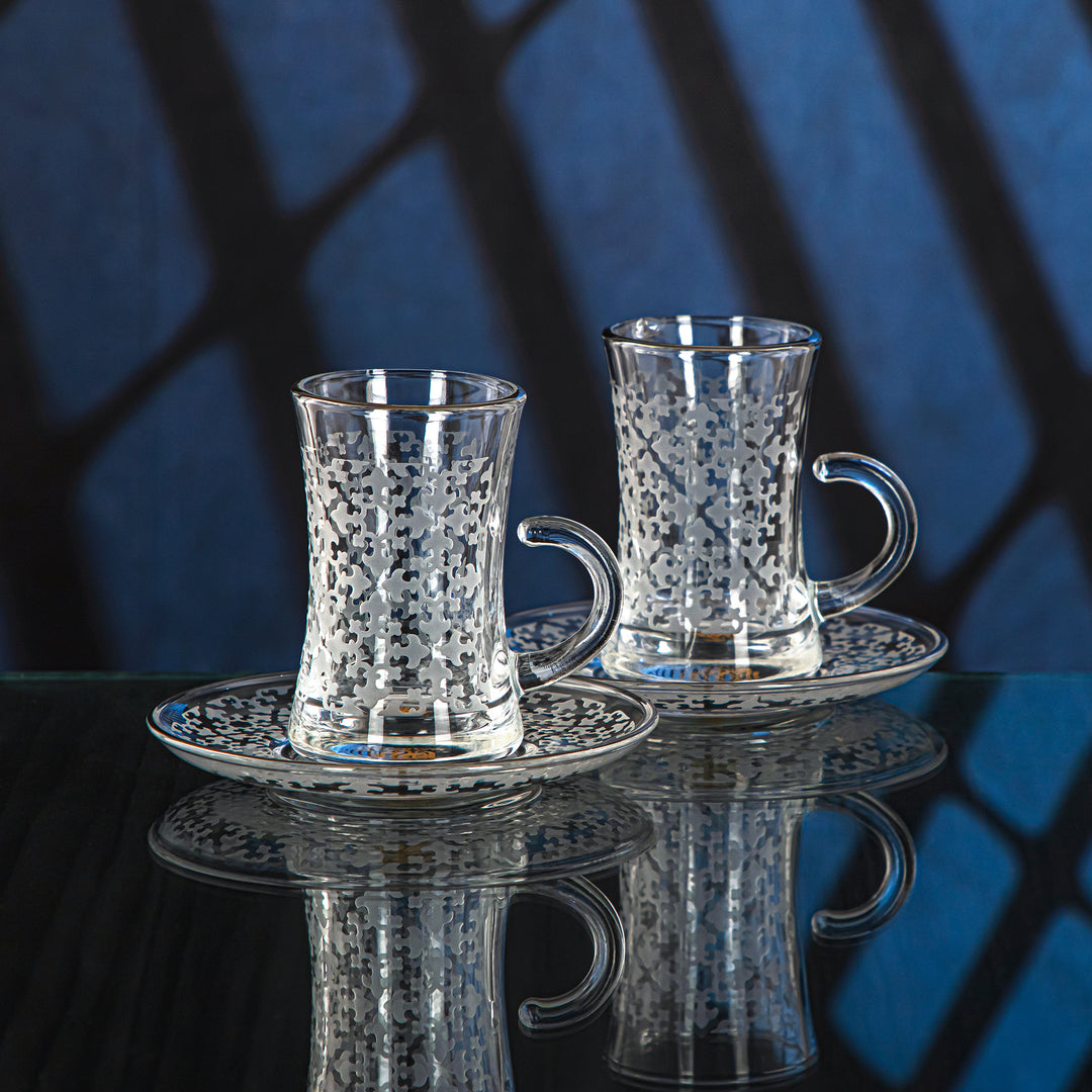 Almarjan 6 Pieces Zelij Collection Glass Tea Cup With Silver Rim - GLS2630032