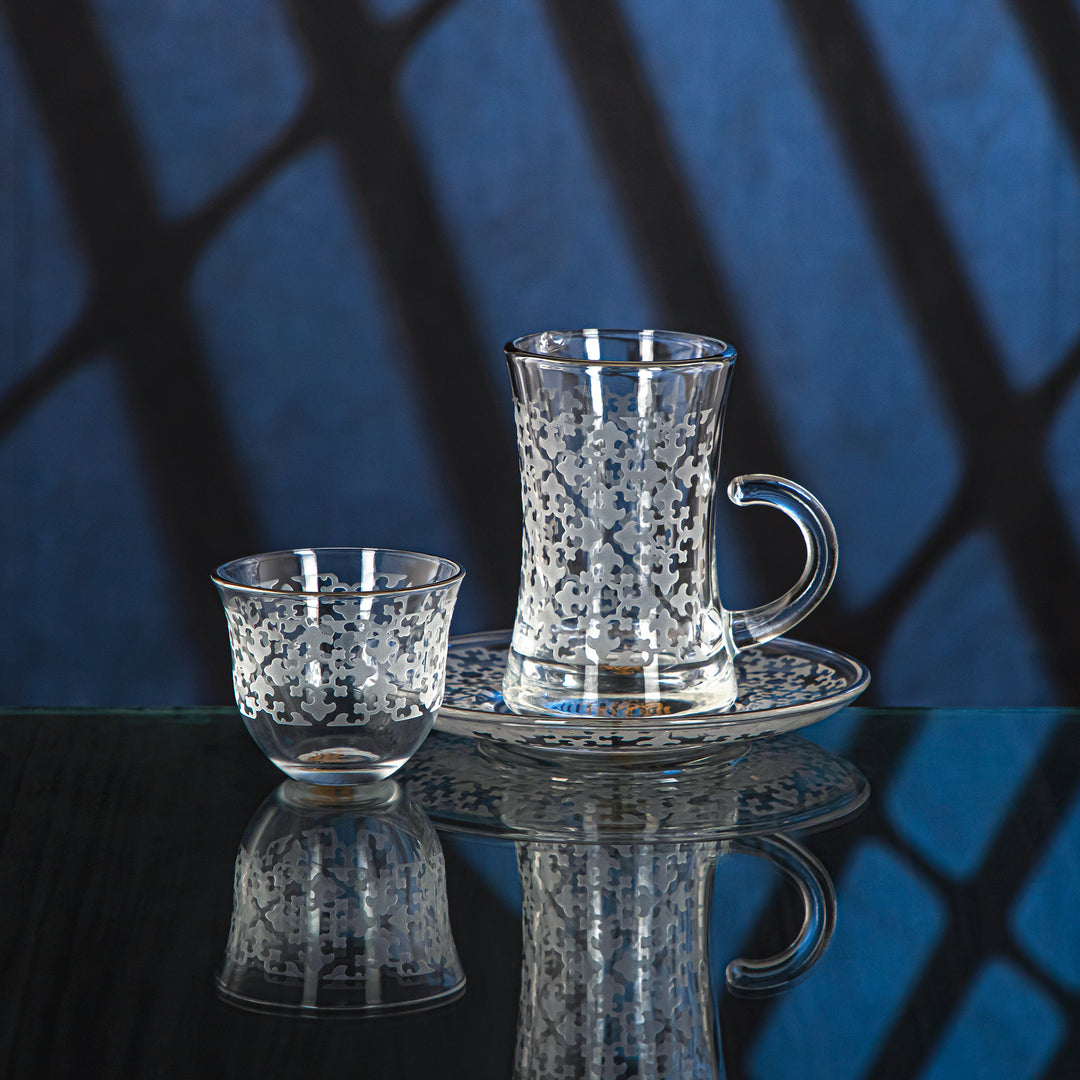 Almarjan 18 Pieces Zelij Collection Glass Tea & Coffee Set With Silver Rim - GLS2630033