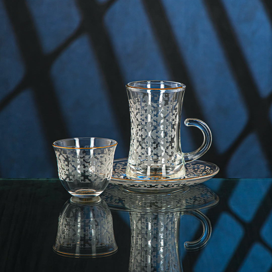 Almarjan 18 Pieces Zelij Collection Glass Tea & Coffee Set With Golden Rim - GLS2630036