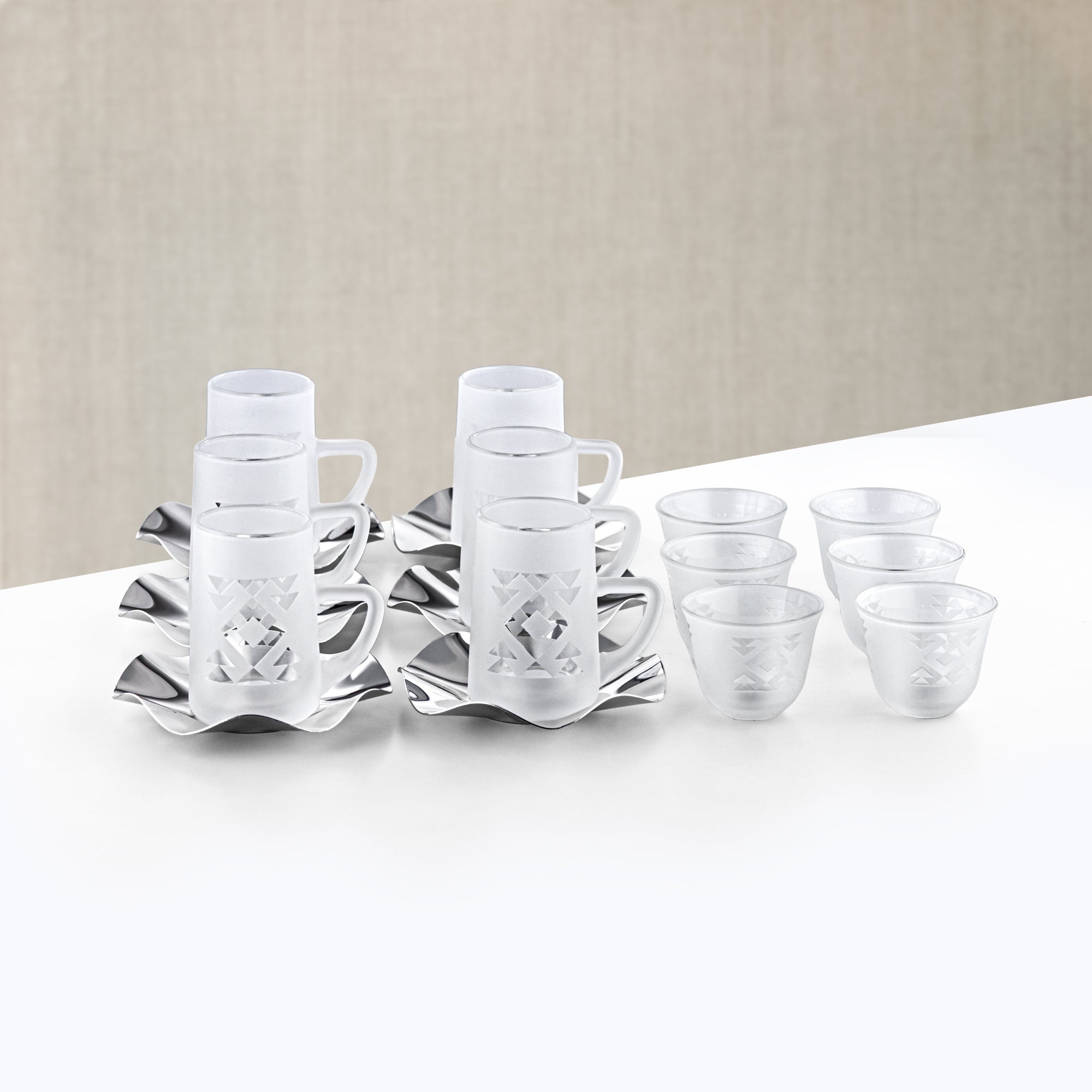 Almarjan Tea & Arabic Coffee Set 18 Pieces Frost Glass & Stainless Steel