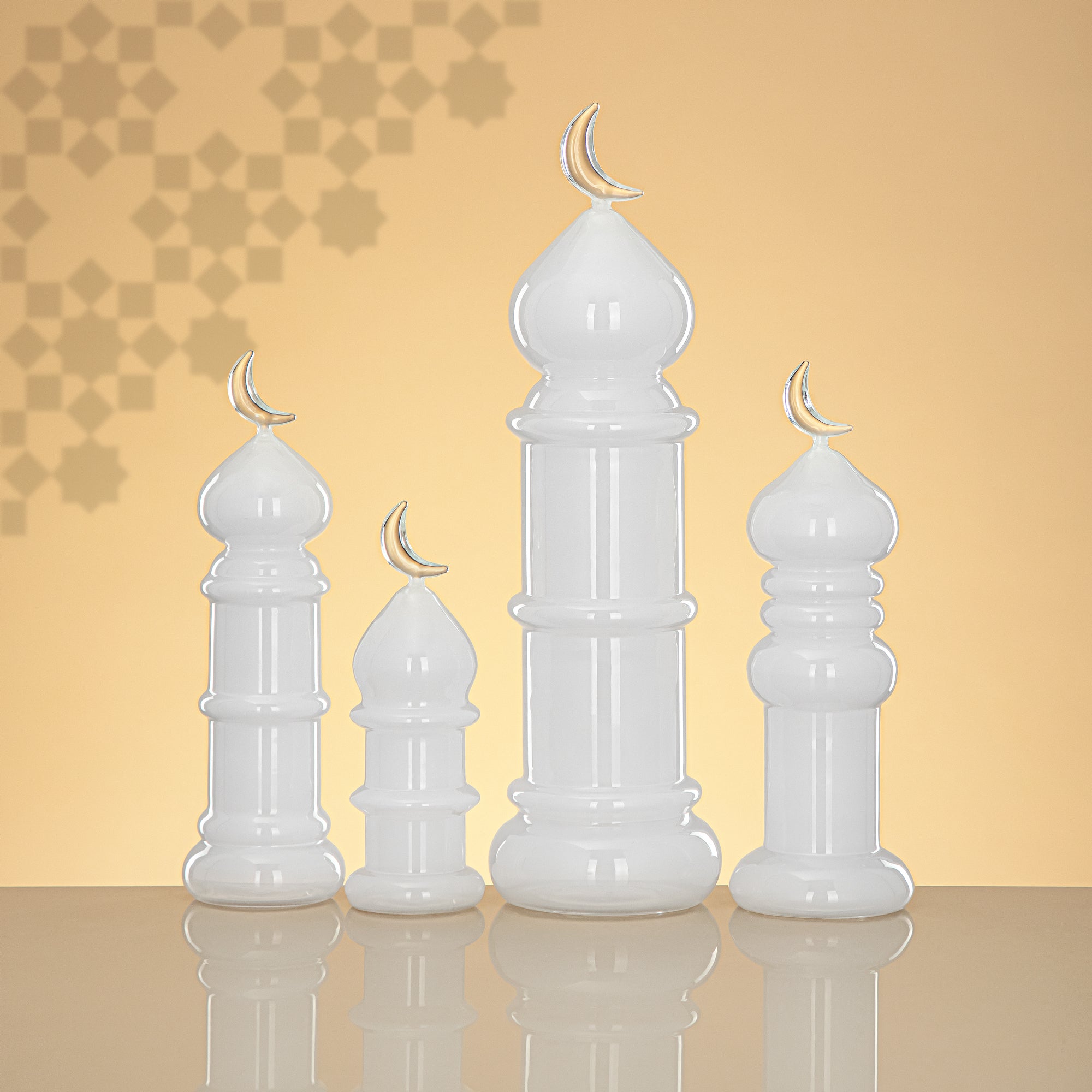 Almarjan Minaret Table Decoration 24cm x 7cm White with Clear Crescent Moon – Noor Al Layali