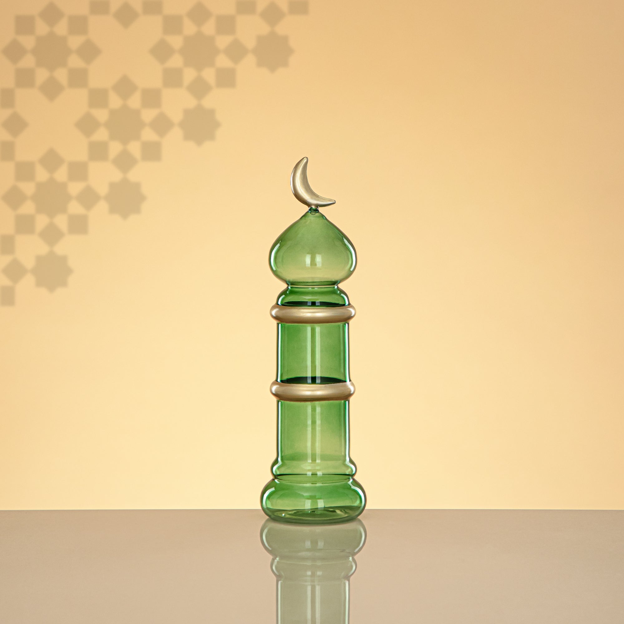 Almarjan Minaret Table Decoration 24cm x 7cm Transparent Green with Golden Lines & Crescent Moon – Noor Al Layali