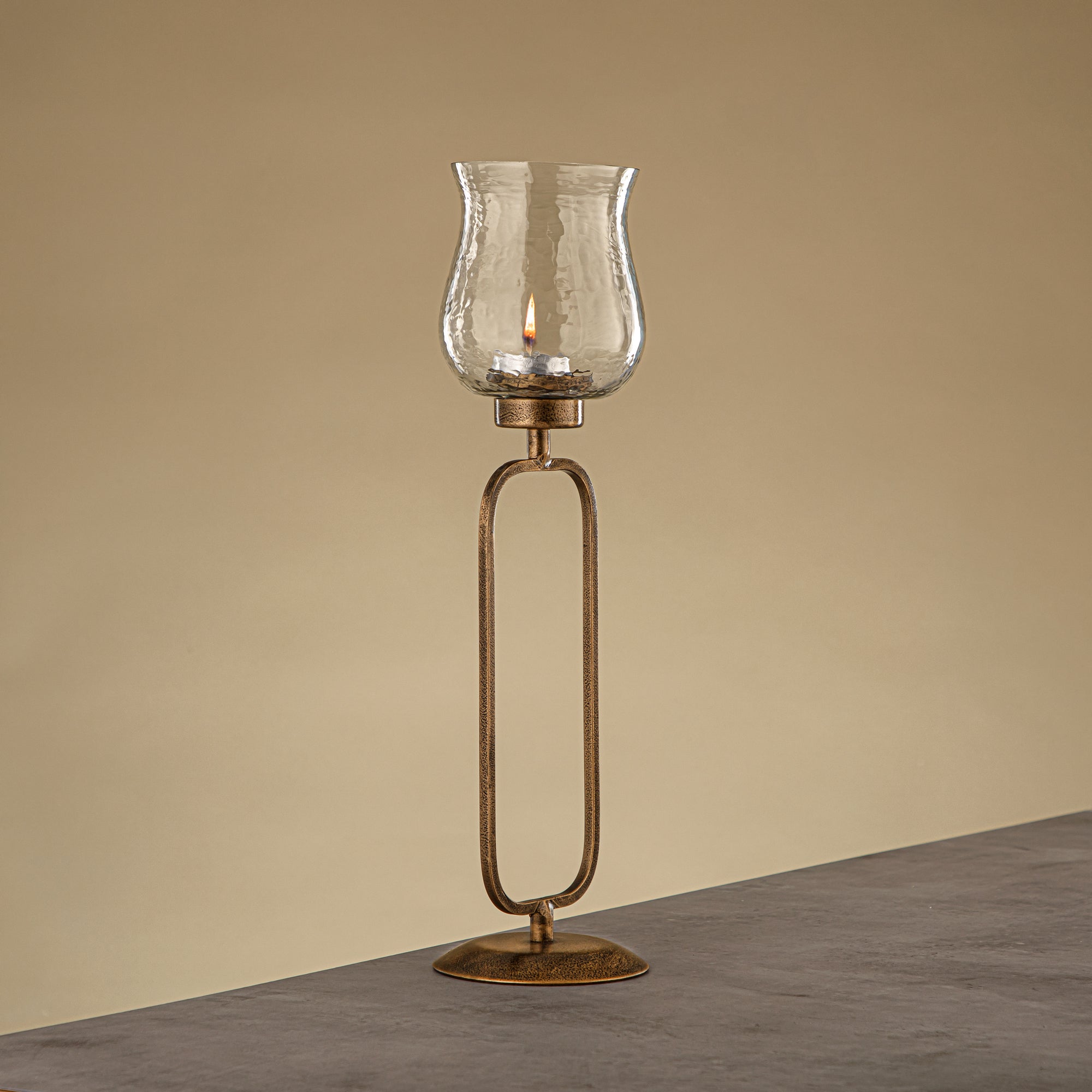 Almarjan Elemental Votive Holder Hammered Clear Glass 11x11x41 CM Antique Gold Stand (GMT2960015)