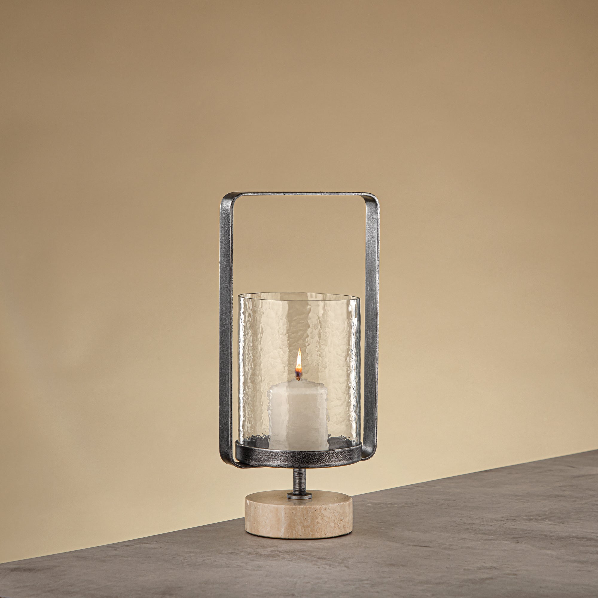 Almarjan Kalon Hurricane Lantern Hammered Clear Glass 15.5x12.5x32.5 CM Brushed Grey & Travertine Base (GMT2960026)