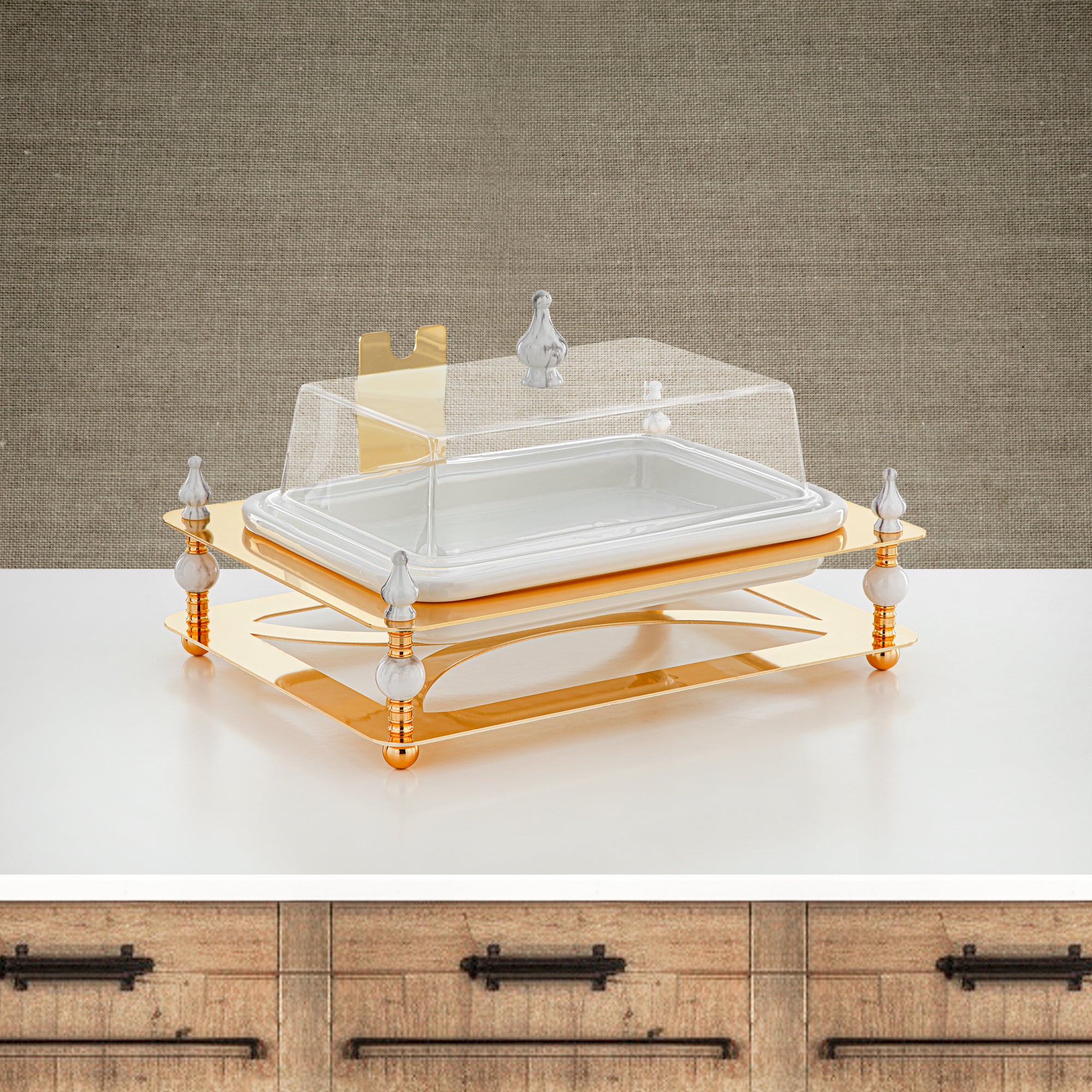 صينية تقديم المرجان 33 سم مع غطاء أكريليك ذهبي - HM4110-G