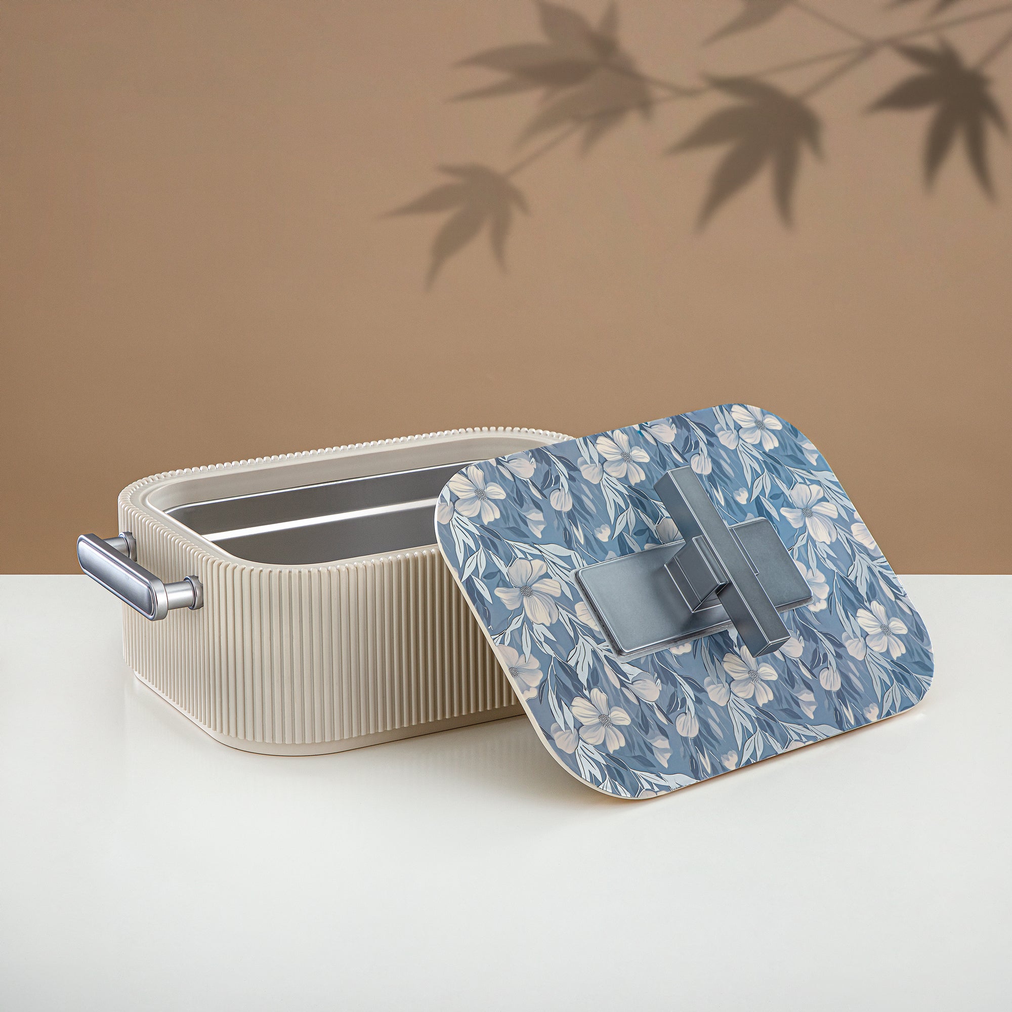 Almarjan Hot Pot ABS, 4000ML, Floral Beige & Matt Silver (HP06-400SP-AZ01S) - Elegant Serving