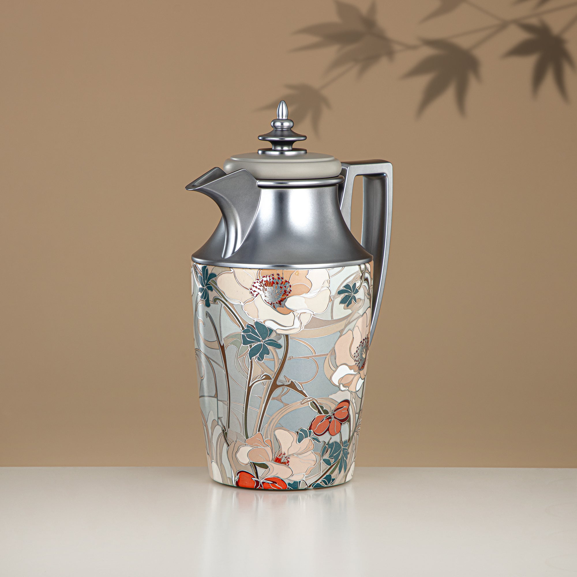 ألمرجان طقم ترامس، زر ضغط، 1 لتر + 1 لتر، مزهر وفضي مطفي (JBH10T/10C-AZ02S) - شاي وقهوة ترمس