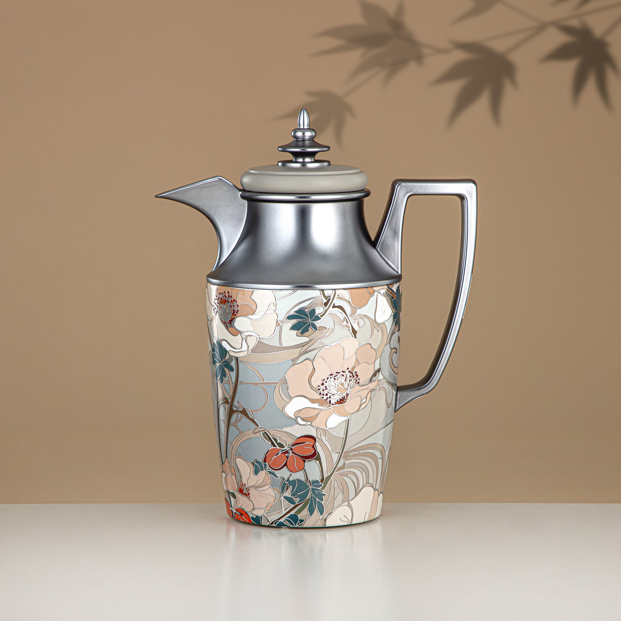 ألمرجان طقم ترامس، زر ضغط، 1 لتر + 1 لتر، مزهر وفضي مطفي (JBH10T/10C-AZ02S) - شاي وقهوة ترمس