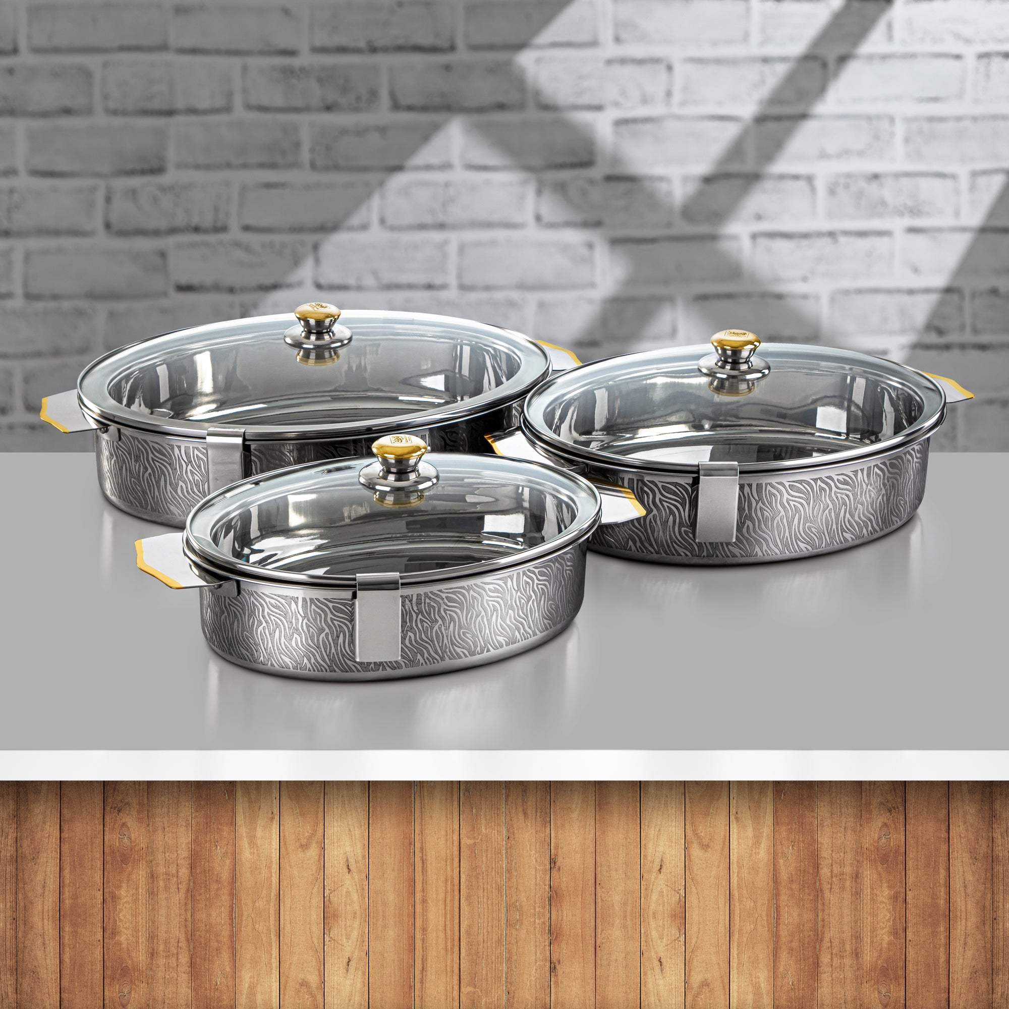 Almarjan Mandi Hot Pot Set Stainless Steel with Glass Cover & Locks 30/35/40 CM 3 Pieces (H24PG1) – Mandi Collection