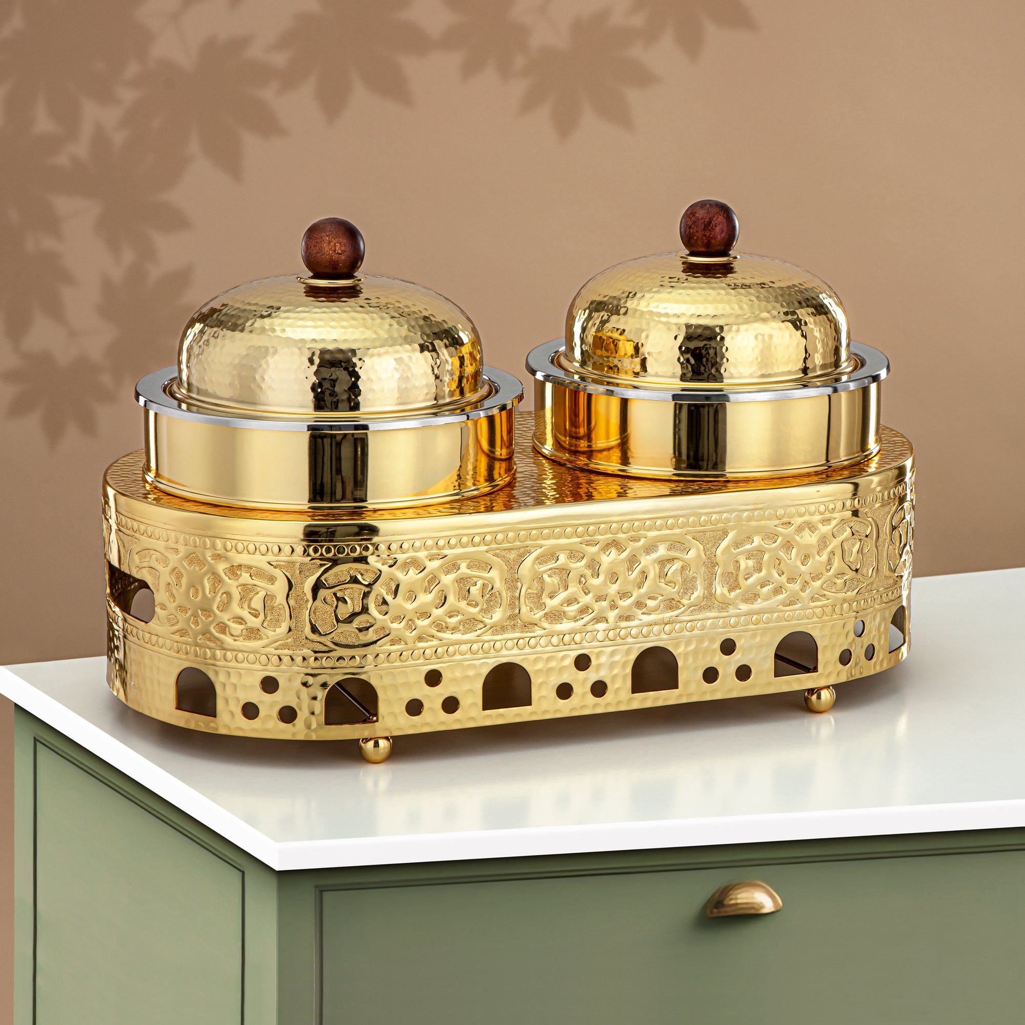 طبق شافينغ مزدوج ألماجان ستانلس ستيل، 1.25 لتر + 1.25 لتر، ذهبي (MD-3046) - أدوات تقديم أنيقة