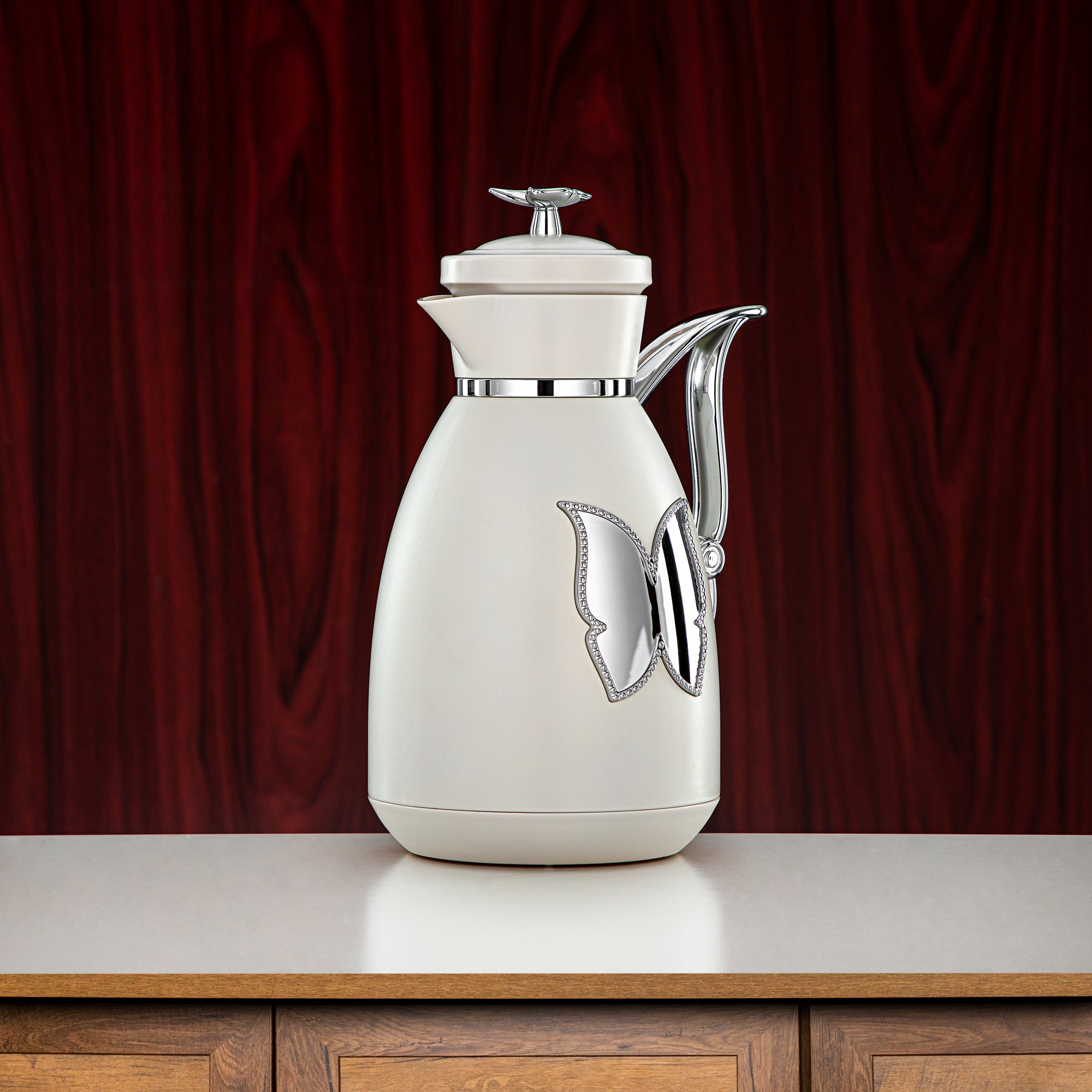 Almarjan Vacuum Flask Set Plastic Push Button 0.7L + 1L Ivory & Silver (SM-2C142-070/100 IV/C) - Tea & Coffee Flask