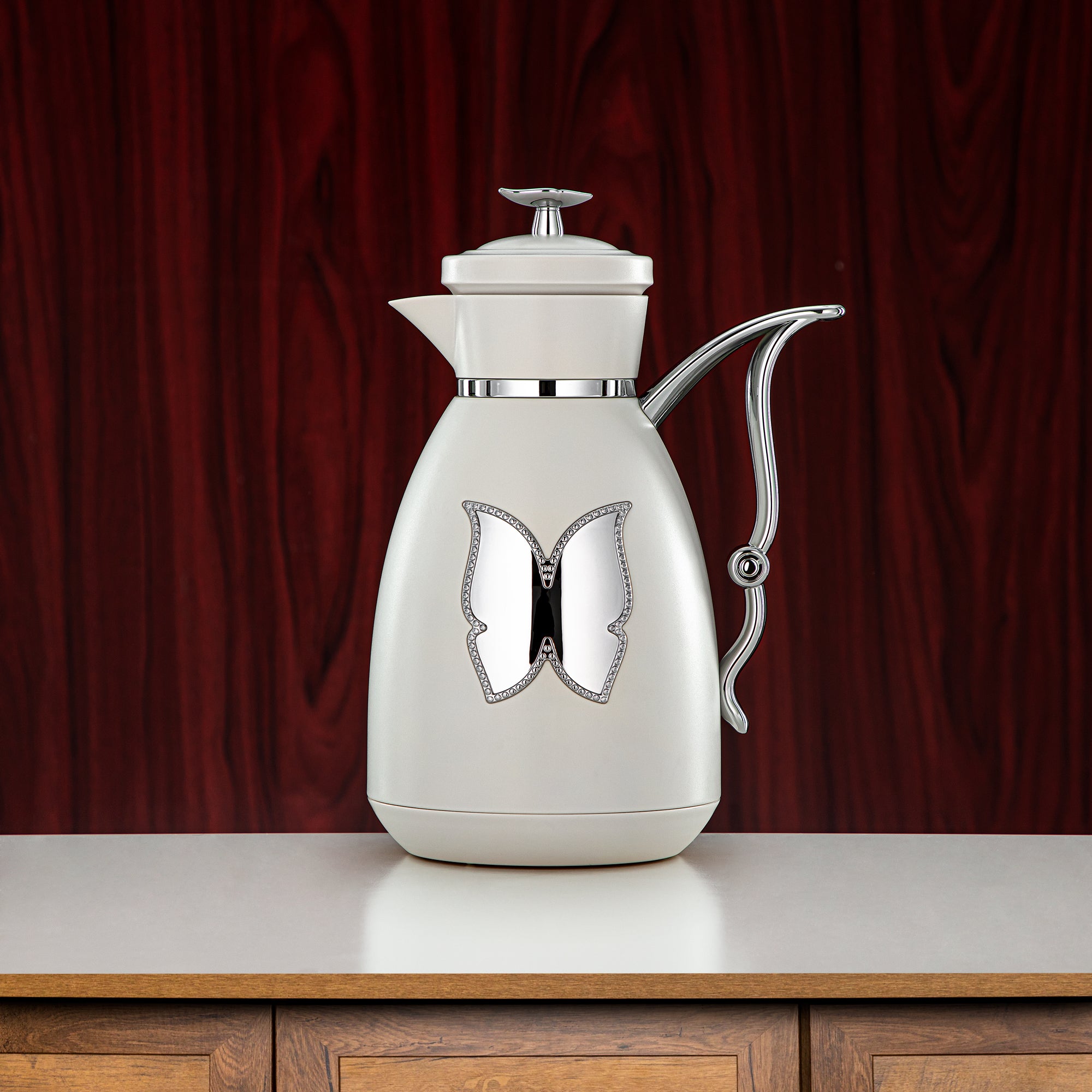 Almarjan Vacuum Flask Set Plastic Push Button 0.7L + 1L Ivory & Silver (SM-2C142-070/100 IV/C) - Tea & Coffee Flask