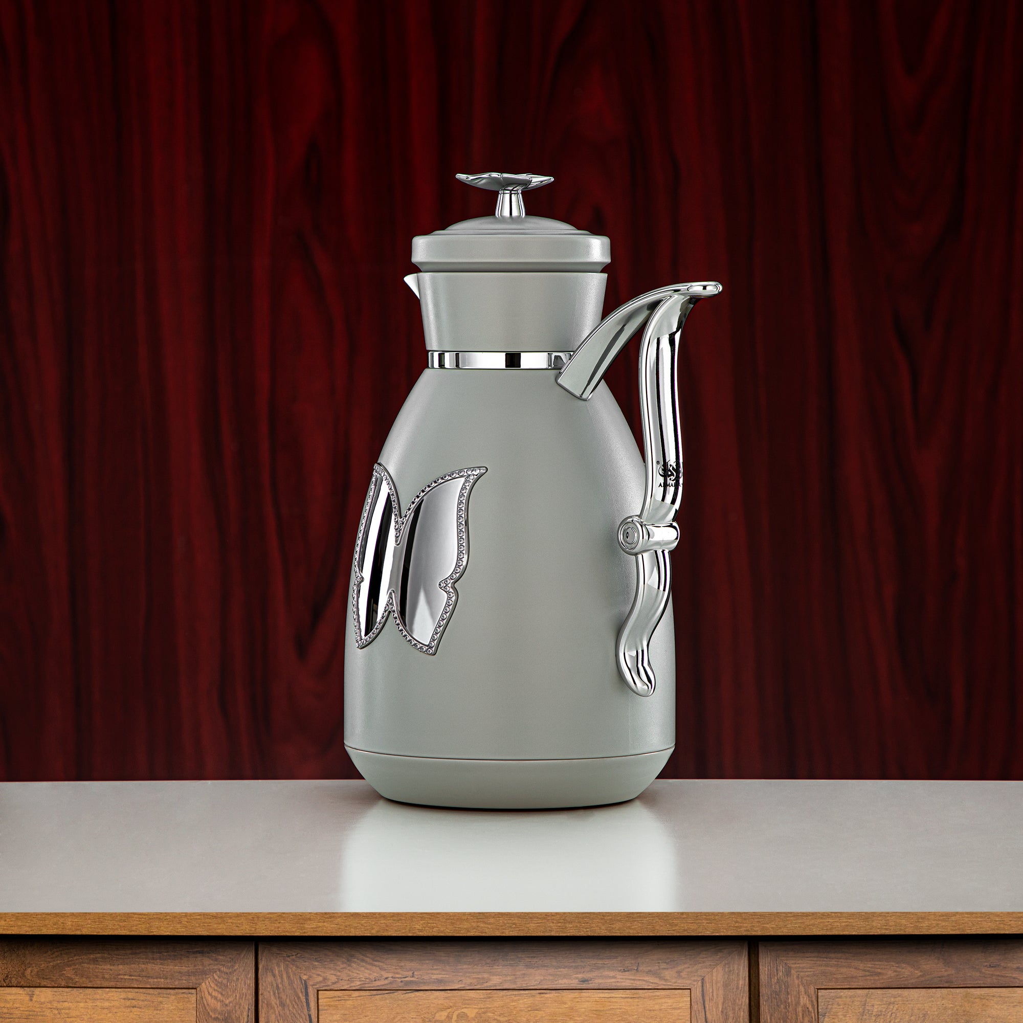 Almarjan Vacuum Flask Set Plastic Push Button 0.7L + 1L Light Grey & Silver (SM-2C142-070/100 LG/C) - Tea & Coffee Flask