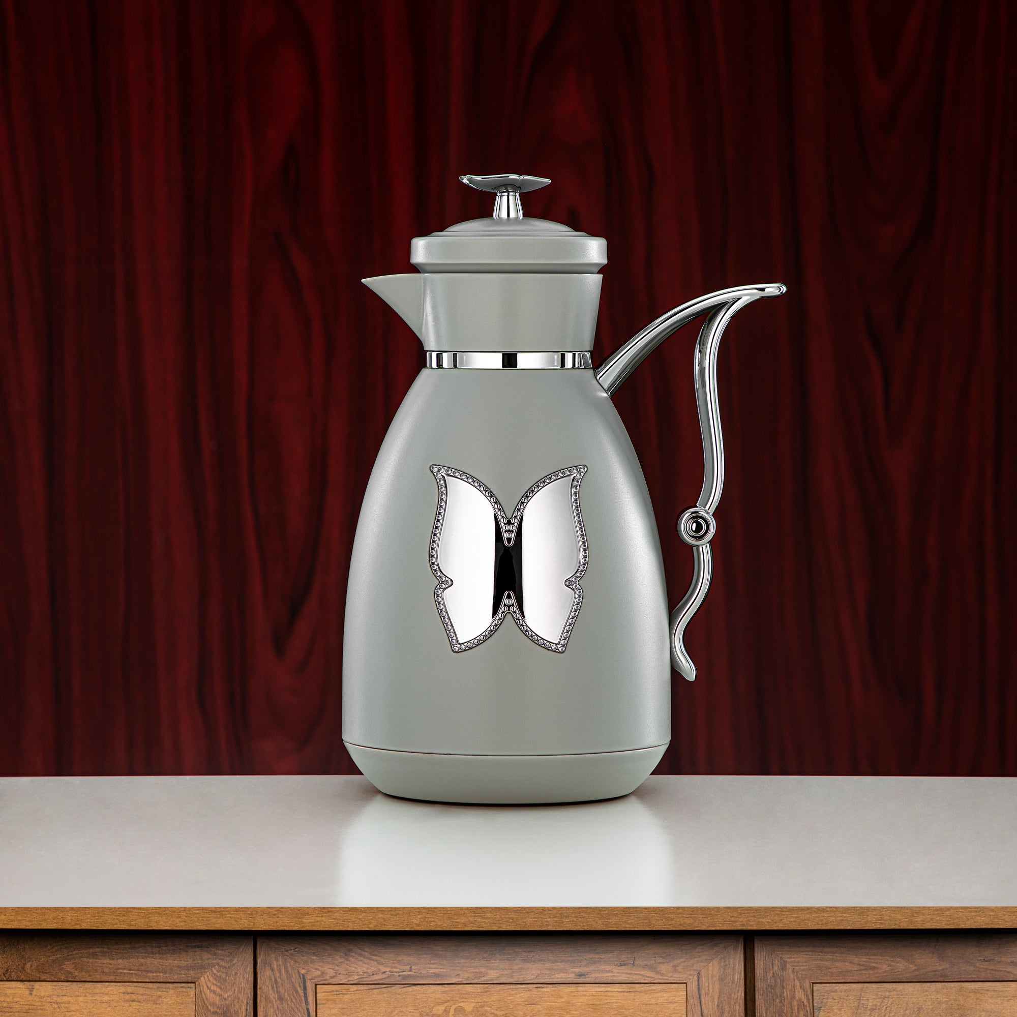 Almarjan Vacuum Flask Set Plastic Push Button 0.7L + 1L Light Grey & Silver (SM-2C142-070/100 LG/C) - Tea & Coffee Flask