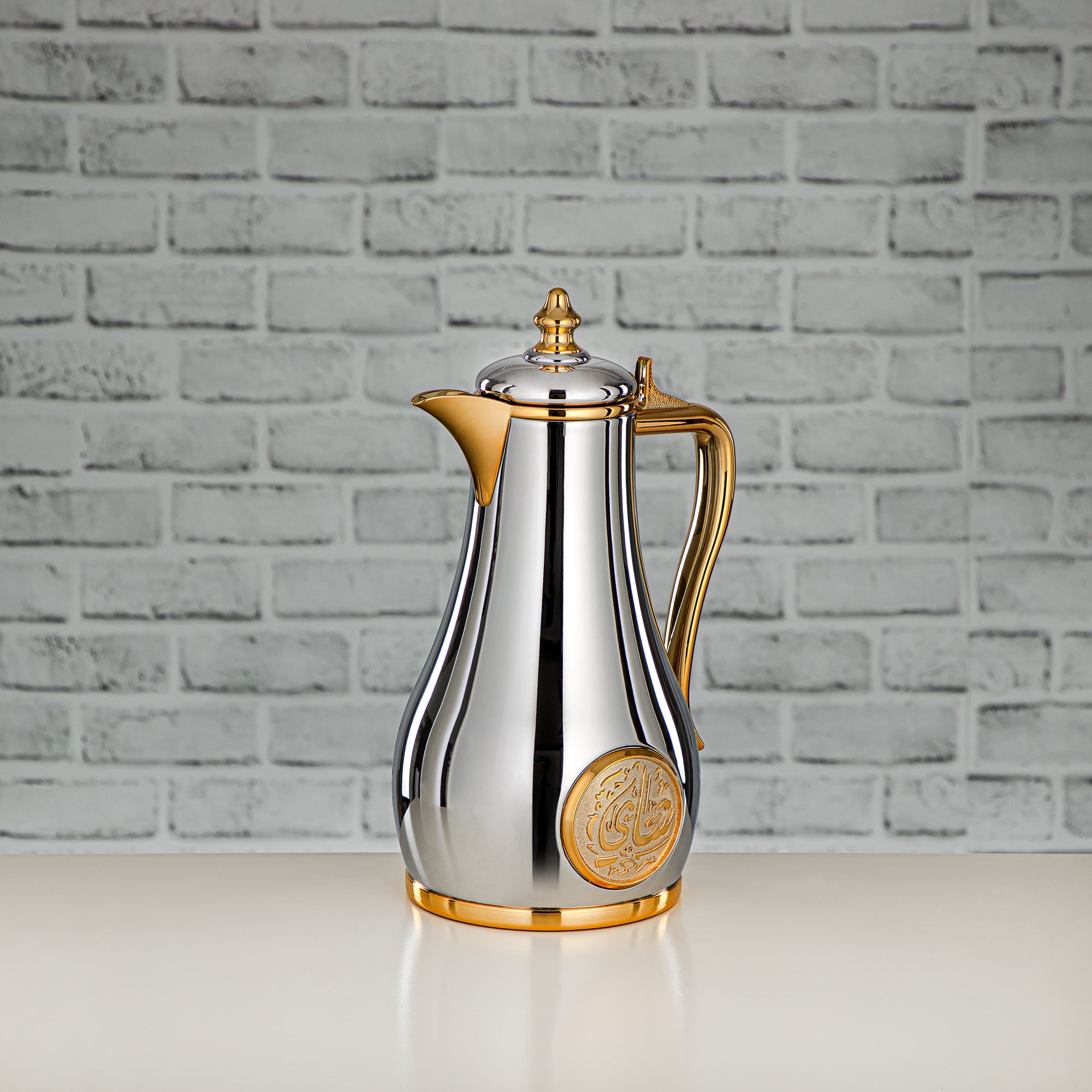 Almarjan Vacuum Flask Set, Push Button - 1L + 1L, Silver & Gold (SR-SG) - Classic and Elegant