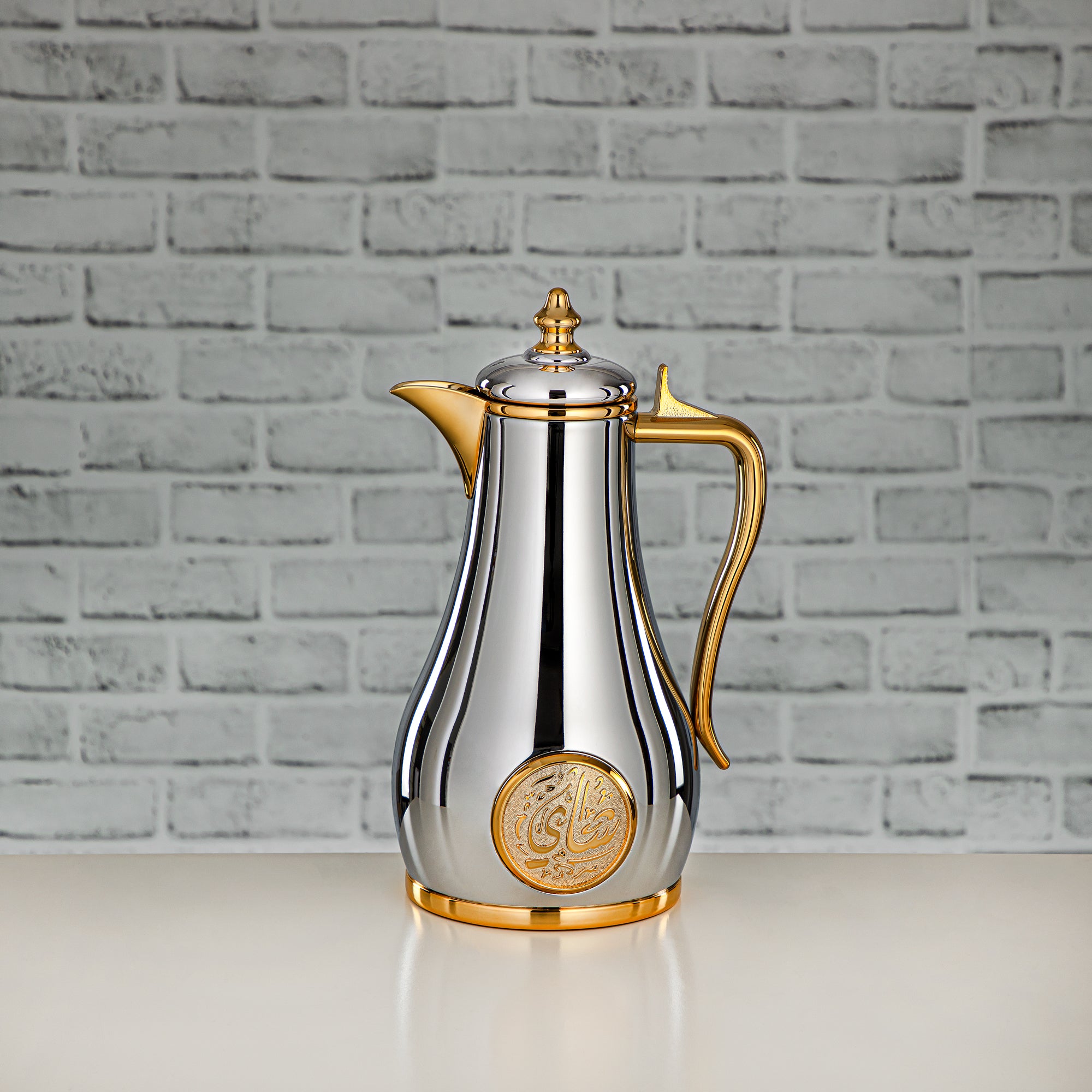 Almarjan Vacuum Flask Set, Push Button - 1L + 1L, Silver & Gold (SR-SG) - Classic and Elegant