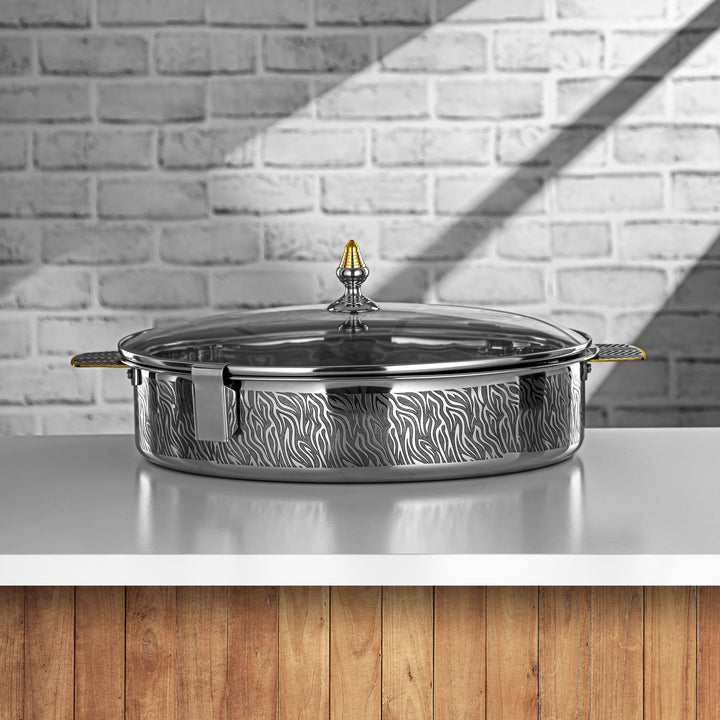 Almarjan 40 CM Mandi Collection Stainless Steel Hot Pot With Glass Cover Silver & Gold - H23PG1E