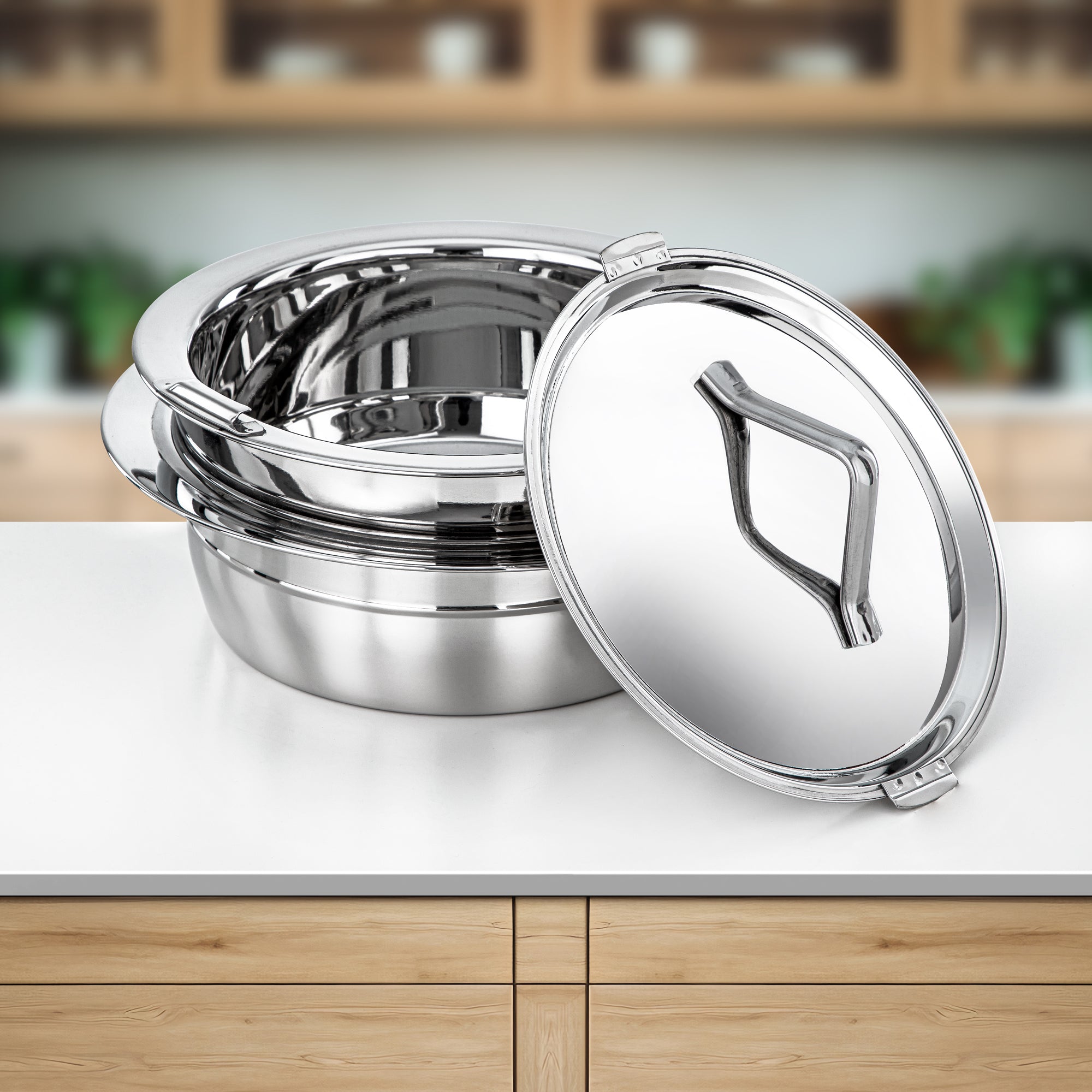 Almarjan Hot Pot Set Stainless Steel 3000ml + 4000ml + 6000ml (H25P6) – Tara Collection | Elegant Serving for Ramadan & Gatherings