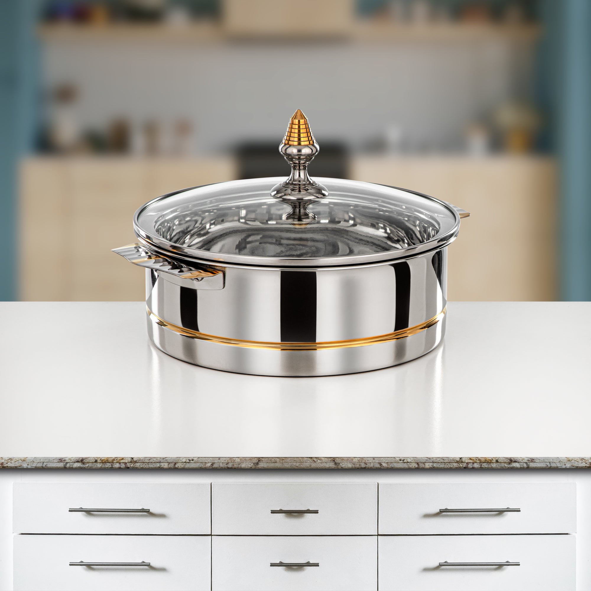 المارجان حرارات ستانلس ستيل، غطاء زجاجي، فضي وذهبي، 25 سم (H25PG3) - مجموعة لارا، تجارب تناول طعام أنيقة