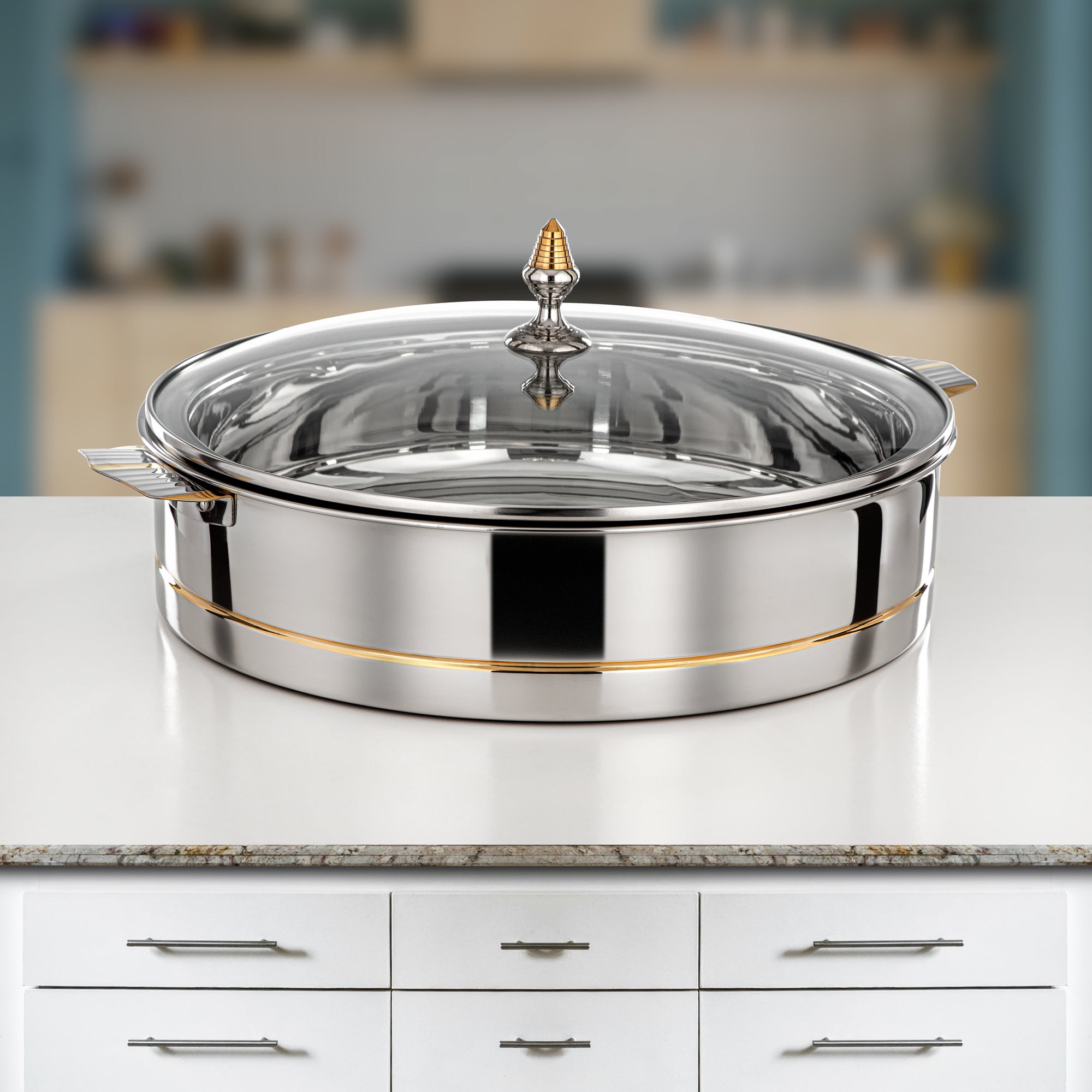 Almarjan Hot Pot Stainless Steel, Glass Cover, Silver & Gold, 40CM (H25PG3) - Lara Collection, Elegant Dining Experiences