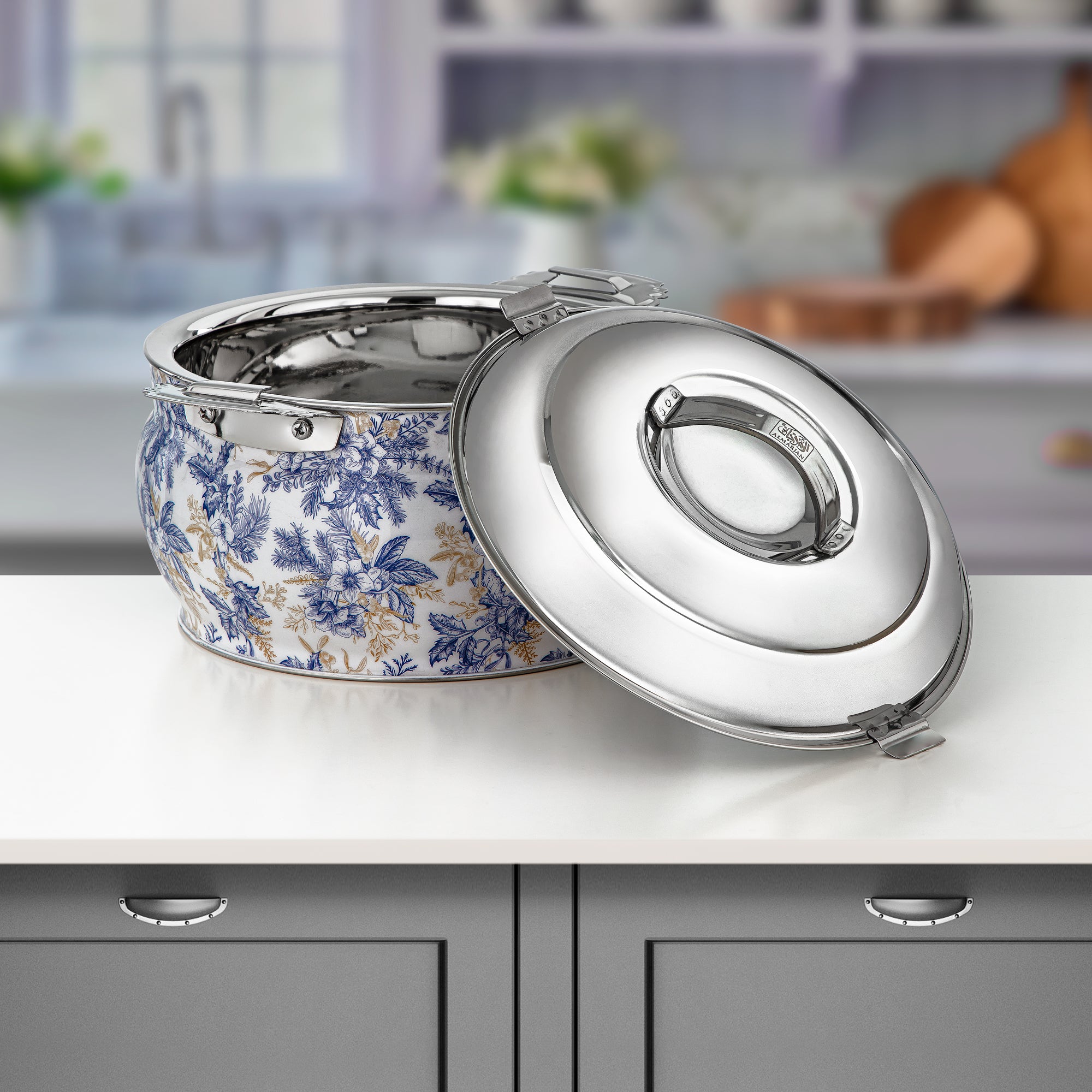 Almarjan Hot Pot Set Stainless Steel Floral Design 3000ml + 4000ml + 6000ml (H25SHF1) – Fonon Collection | Elegant Serving for Ramadan & Gatherings