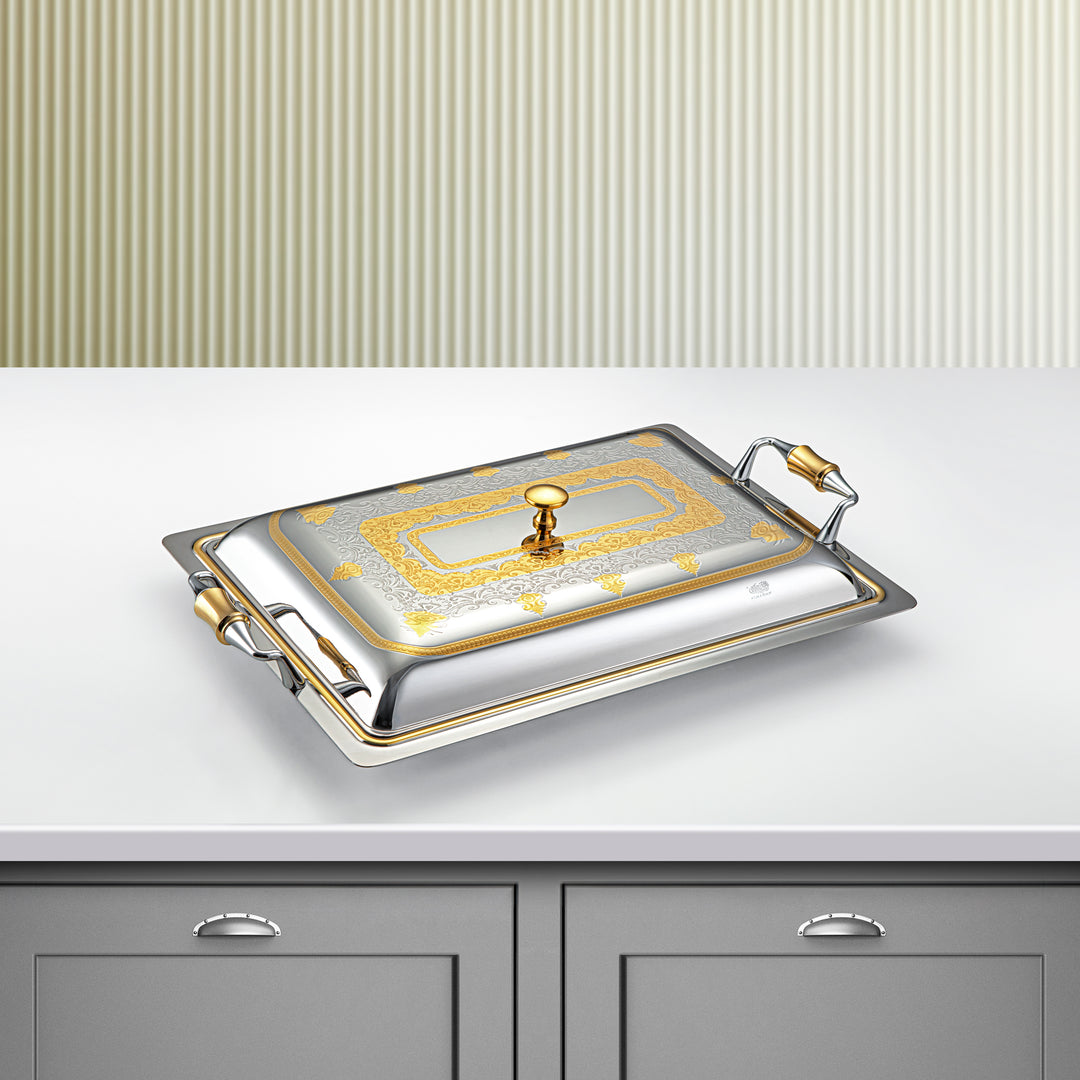 Almarjan 40 CM Teresa Collection Stainless Steel Rectangle Serving Tray With Cover Silver & Gold - STS2051220