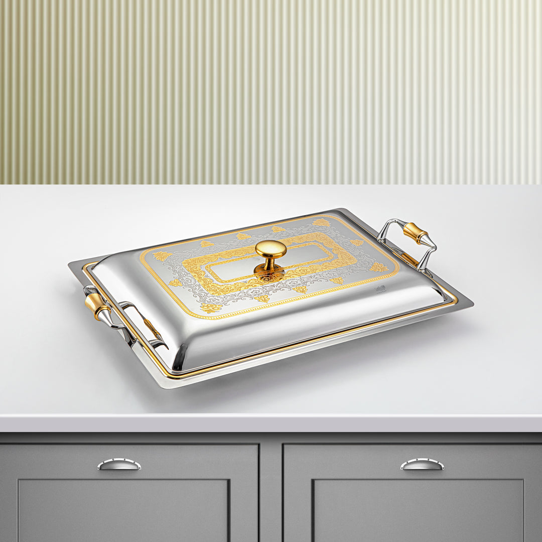 Almarjan 45 CM Teresa Collection Stainless Steel Rectangle Serving Tray With Cover Silver & Gold - STS2051221