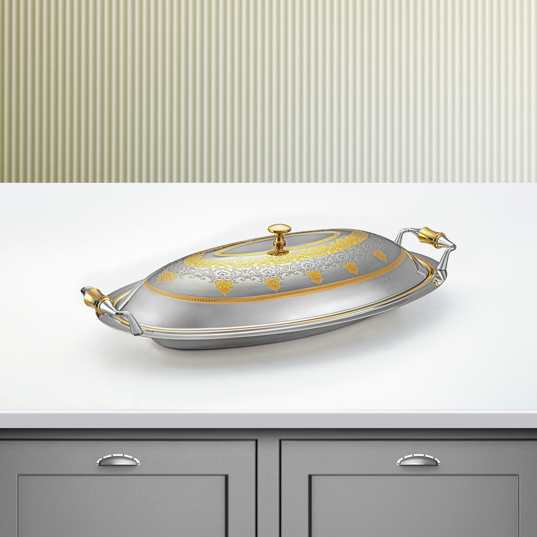 Almarjan 46 CM Teresa Collection Stainless Steel Oval Serving Tray With Cover Silver & Gold - STS2051223