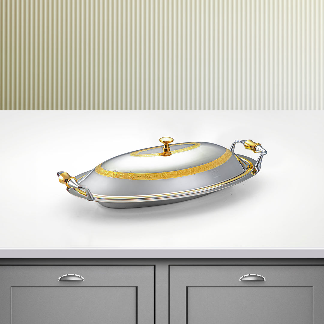 Almarjan 40 CM Crystal Collection Stainless Steel Oval Serving Tray With Cover Silver & Gold - STS2051242