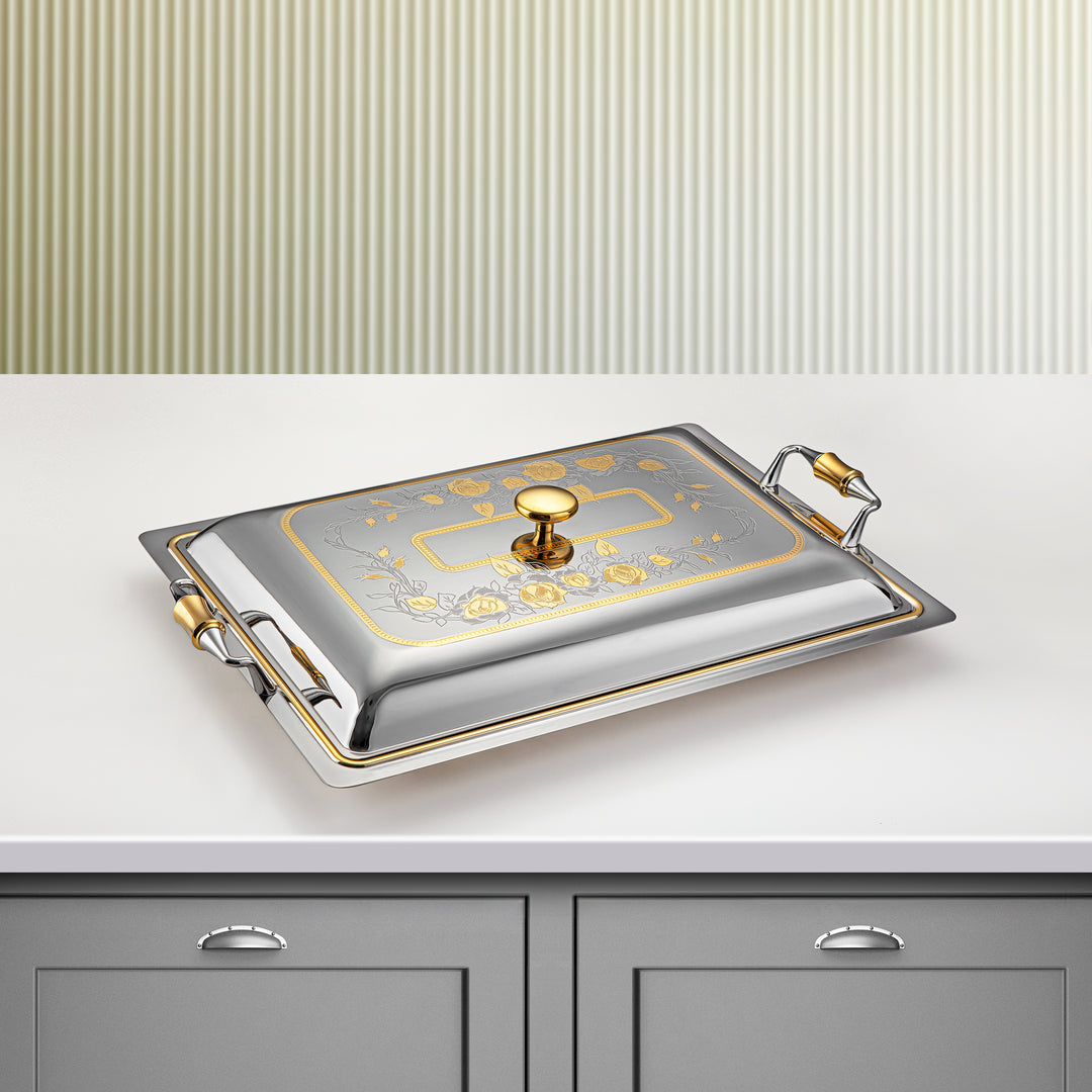 Almarjan 45 CM Lea Collection Stainless Steel Rectangle Serving Tray With Cover Silver & Gold - STS2051261